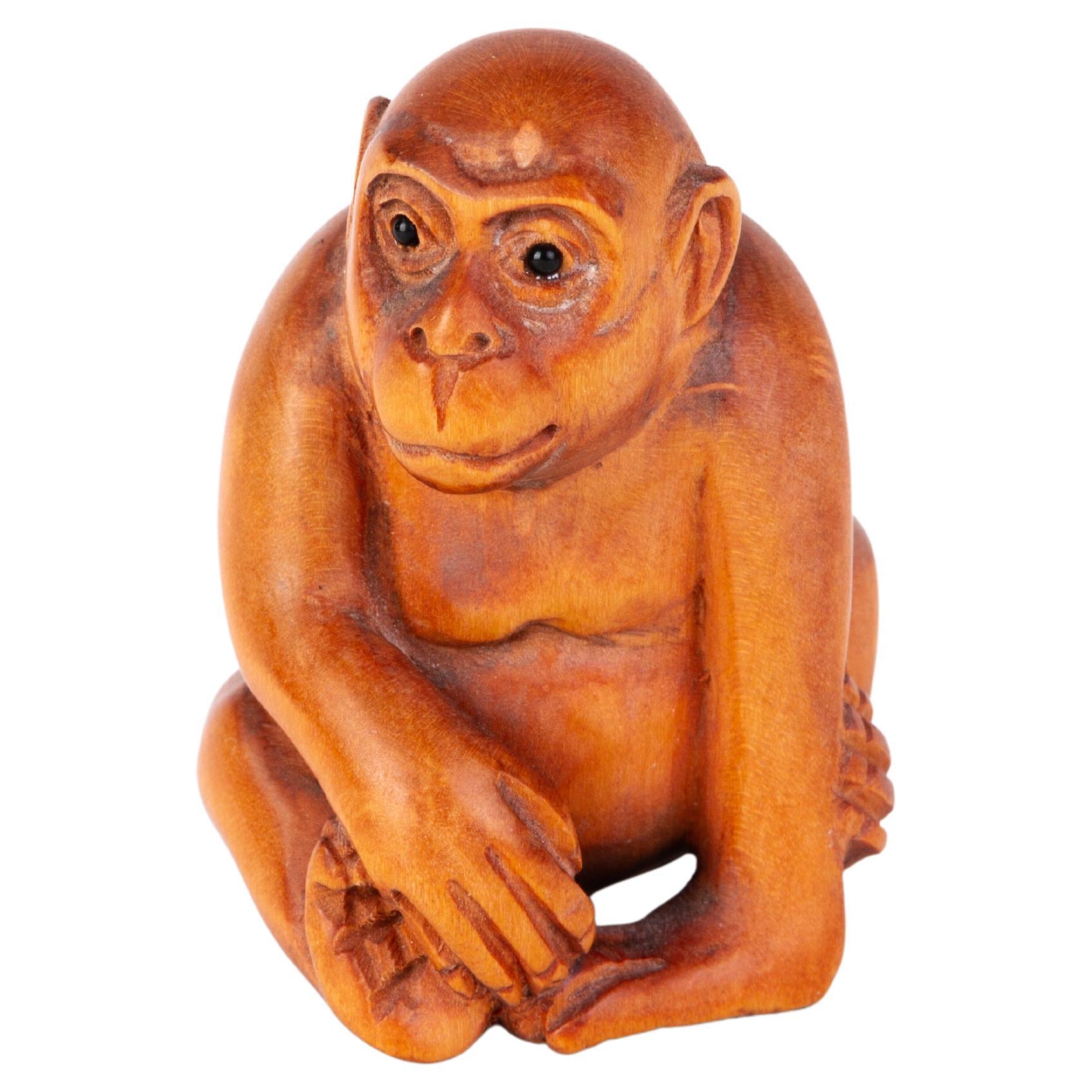 Signed Japanese Carved Boxwood Monkey Netsuke Inro Ojime  For Sale