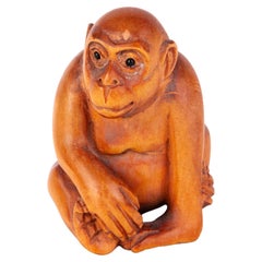 Signierter japanischer geschnitzter Affennetzsuke Inro Ojime aus Buchsbaumholz 