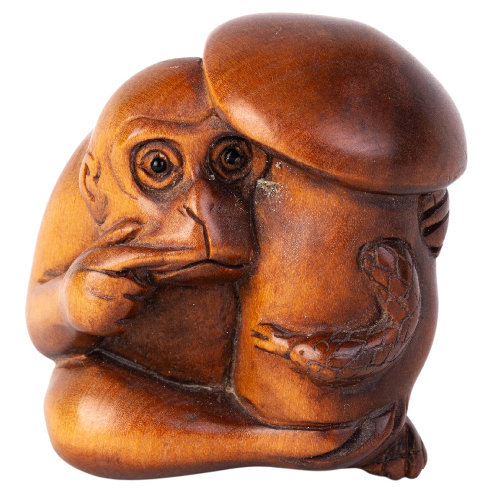 Signed Japanese Carved Boxwood Monkey Netsuke Inro Ojime  For Sale