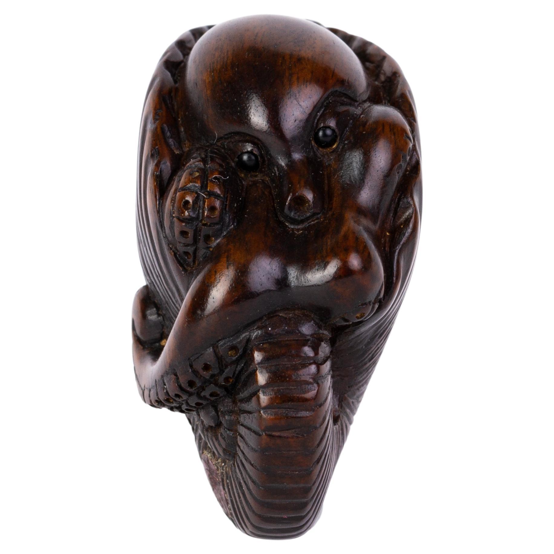 Signed Japanese Carved Boxwood Octopus Netsuke Inro Ojime For Sale