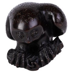 Signed Japanese Carved Boxwood Owl Netsuke Inro Ojime