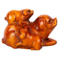Netsuke Inro Ojime - Pigs - Bois de Bois Sculpté Japonais Signé