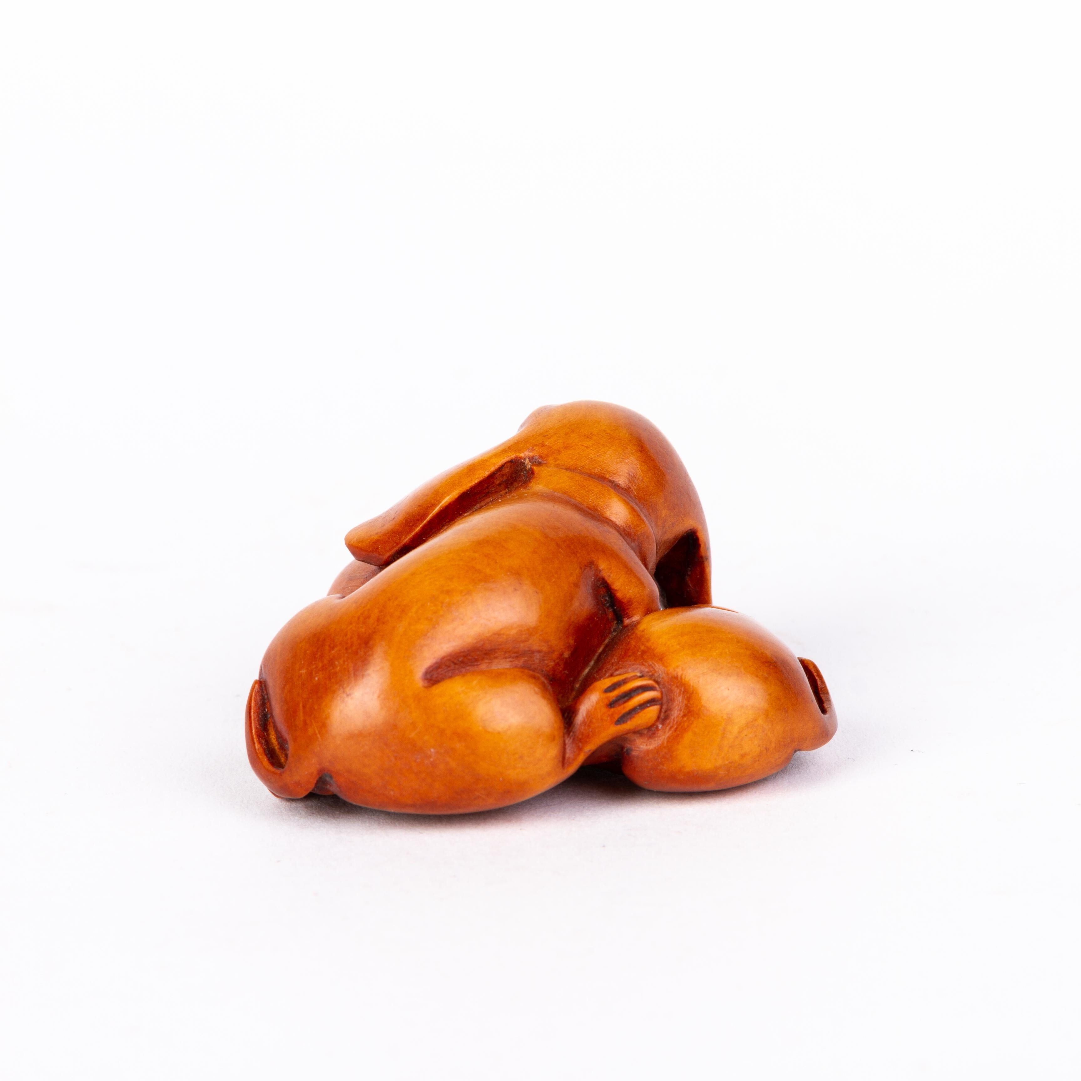 Hand-Carved Signed Japanese Carved Boxwood Playful Puppies Netsuke Inro Ojime For Sale