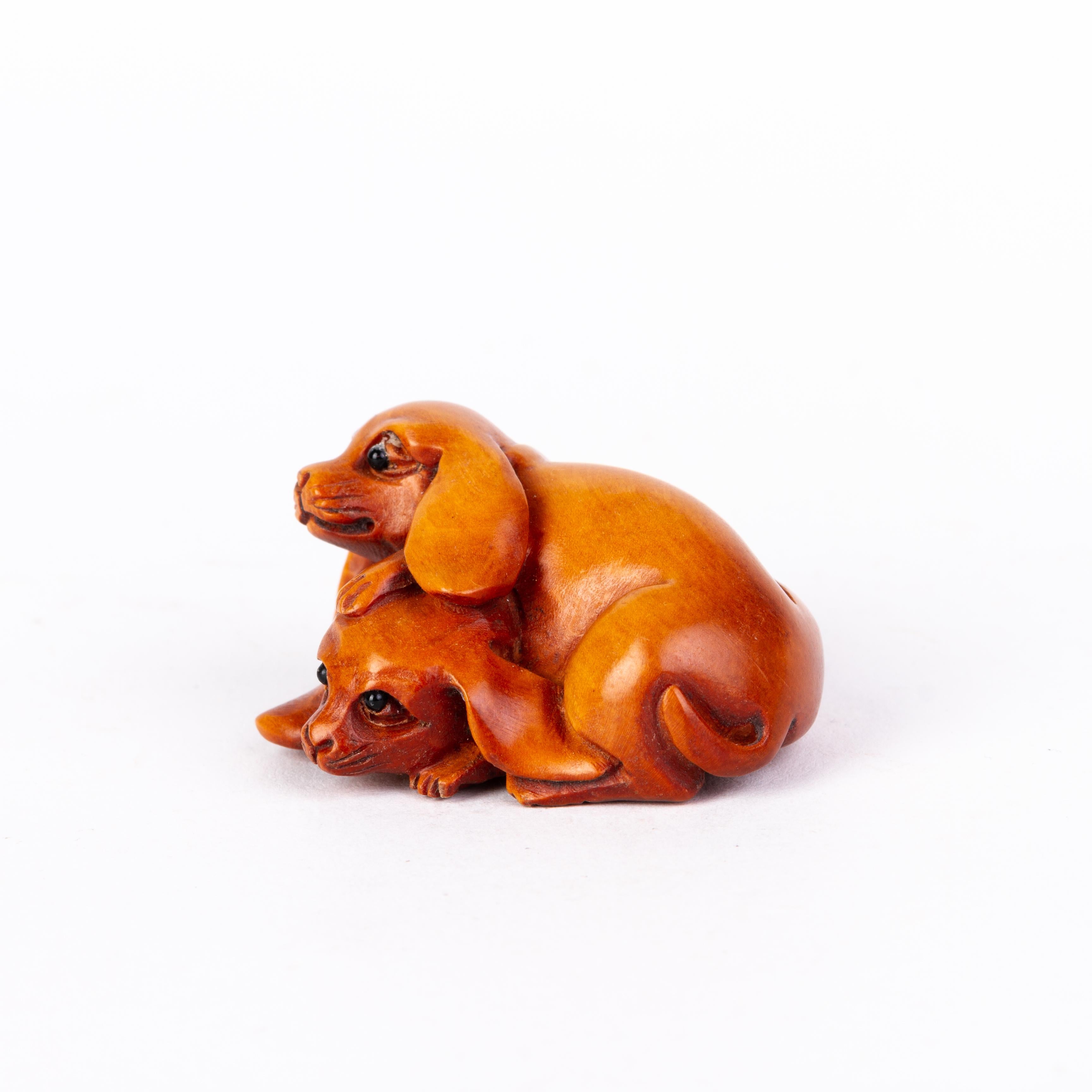 Signed Japanese Carved Boxwood Playful Puppies Netsuke Inro Ojime In Good Condition For Sale In Nottingham, GB