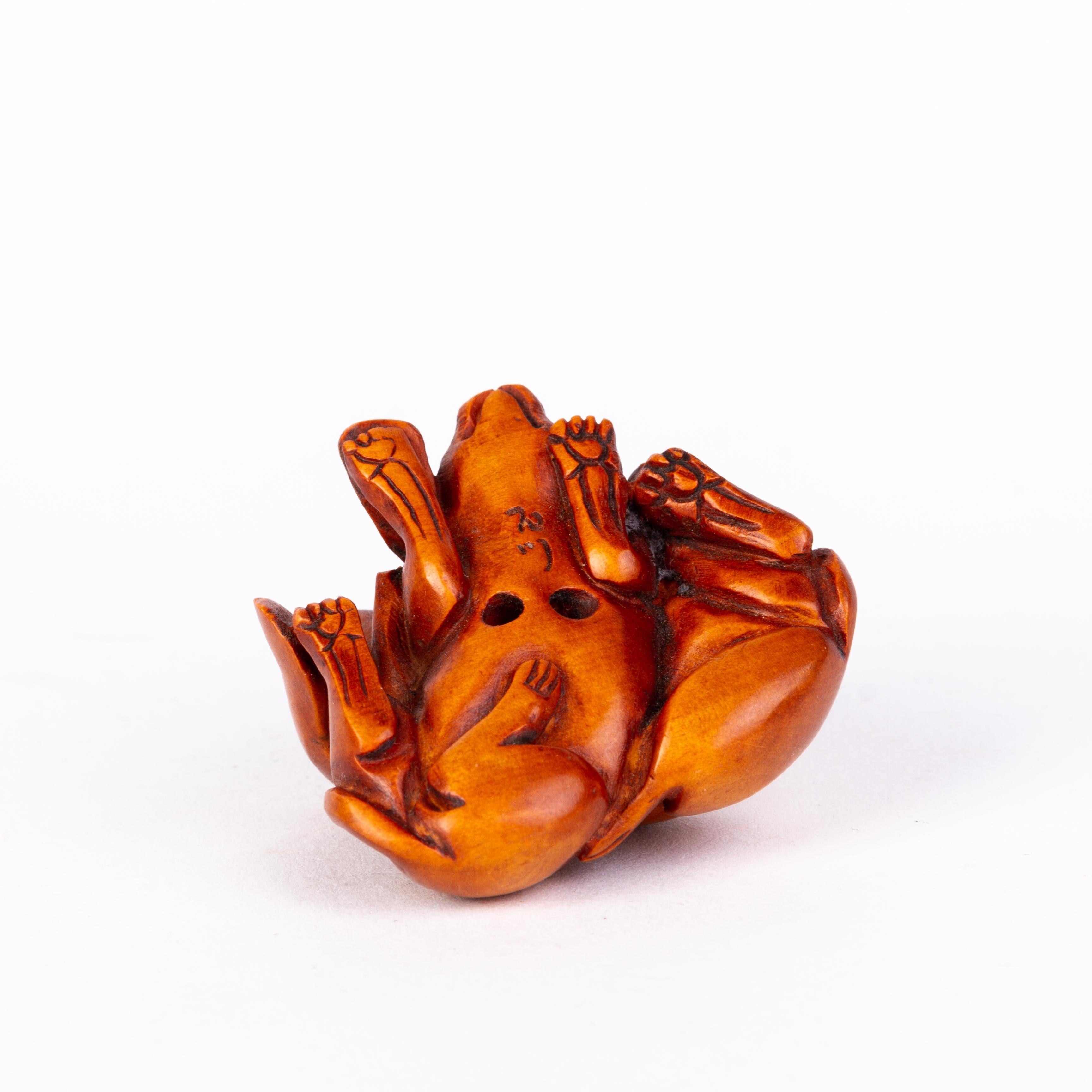 20th Century Signed Japanese Carved Boxwood Playful Puppies Netsuke Inro Ojime For Sale