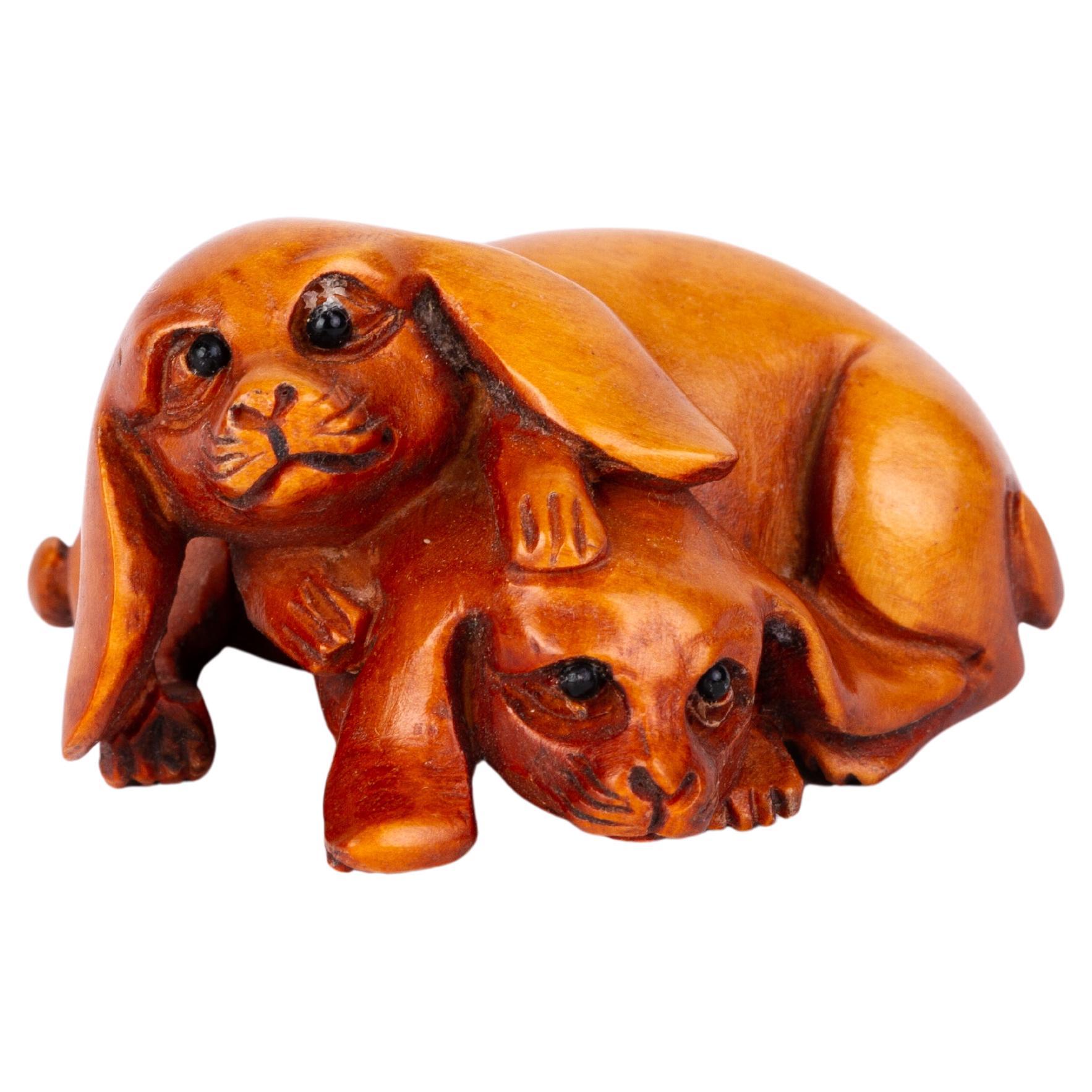 Signed Japanese Carved Boxwood Playful Puppies Netsuke Inro Ojime For Sale