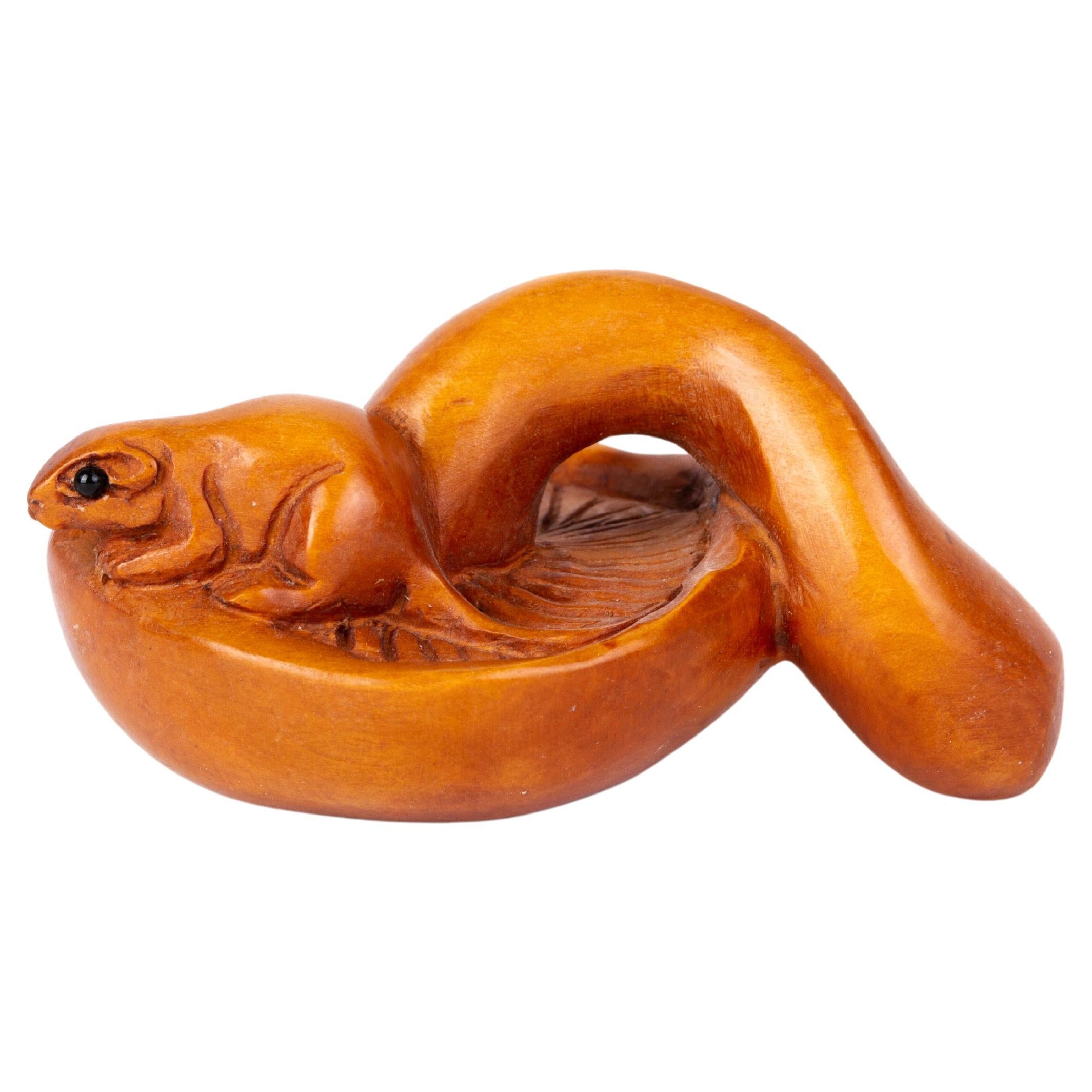 Signed Japanese Carved Boxwood Squirrel Netsuke Inro Ojime  For Sale