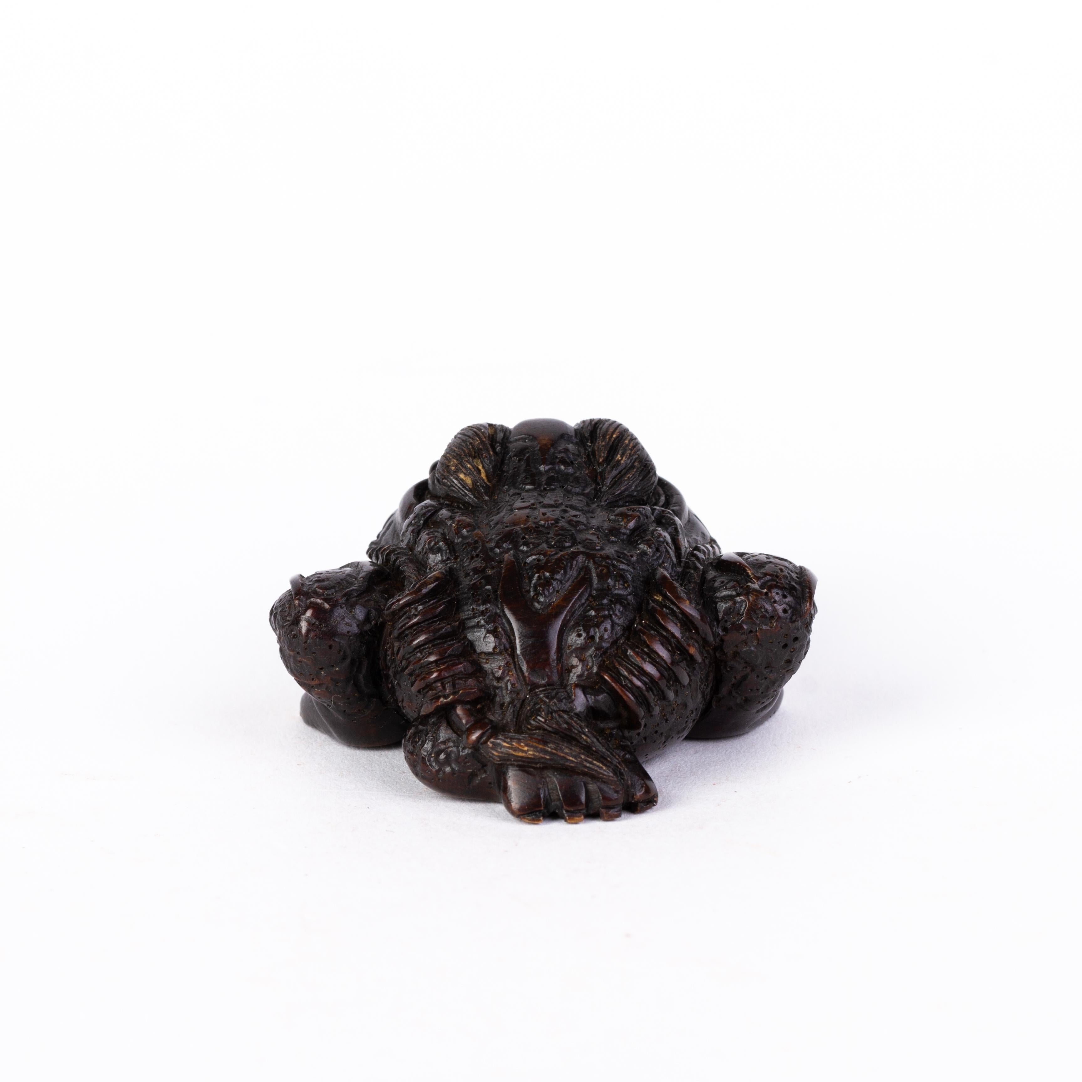 Hand-Carved Signed Japanese Carved Boxwood Toad Netsuke Inro Ojime  For Sale