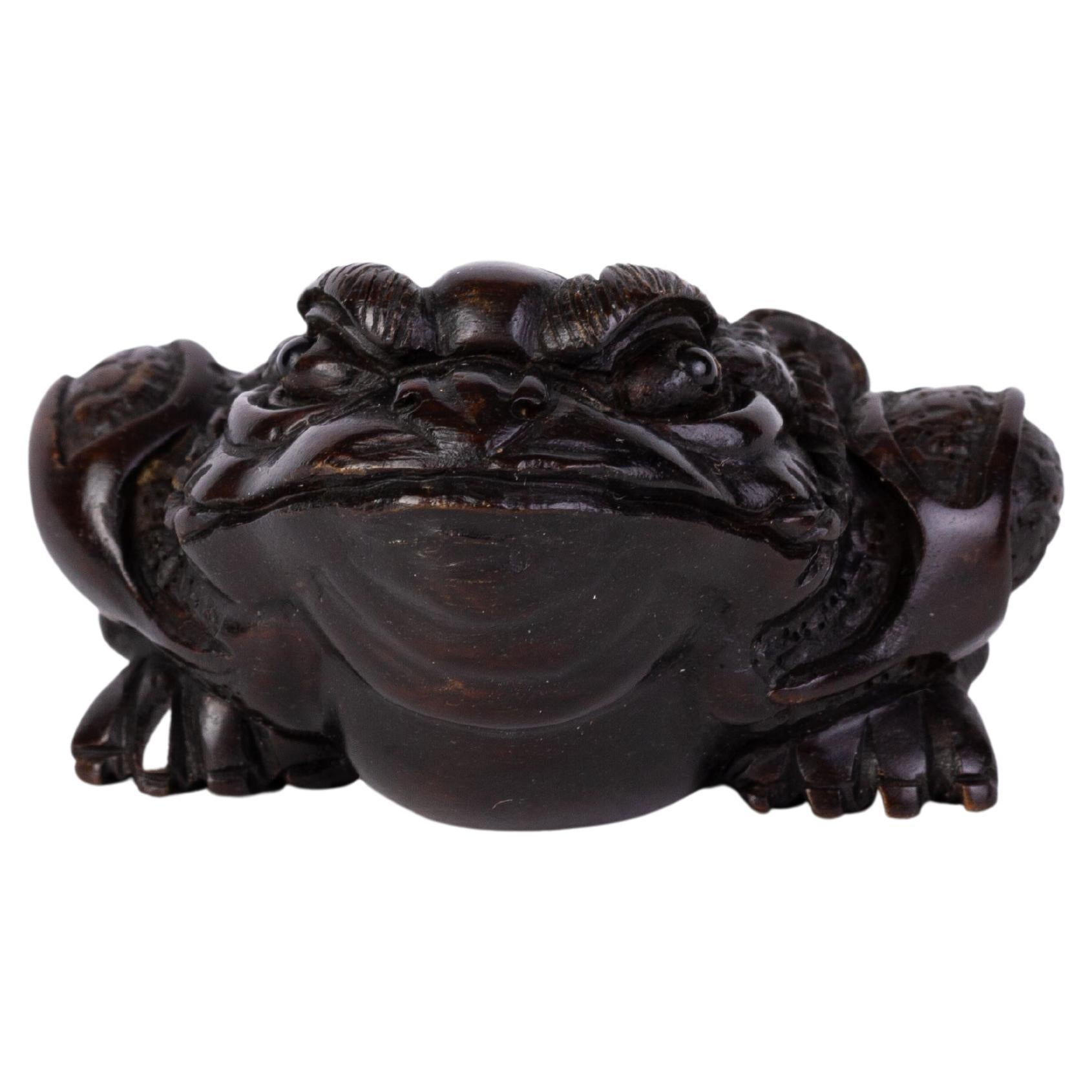 Signed Japanese Carved Boxwood Toad Netsuke Inro Ojime  For Sale
