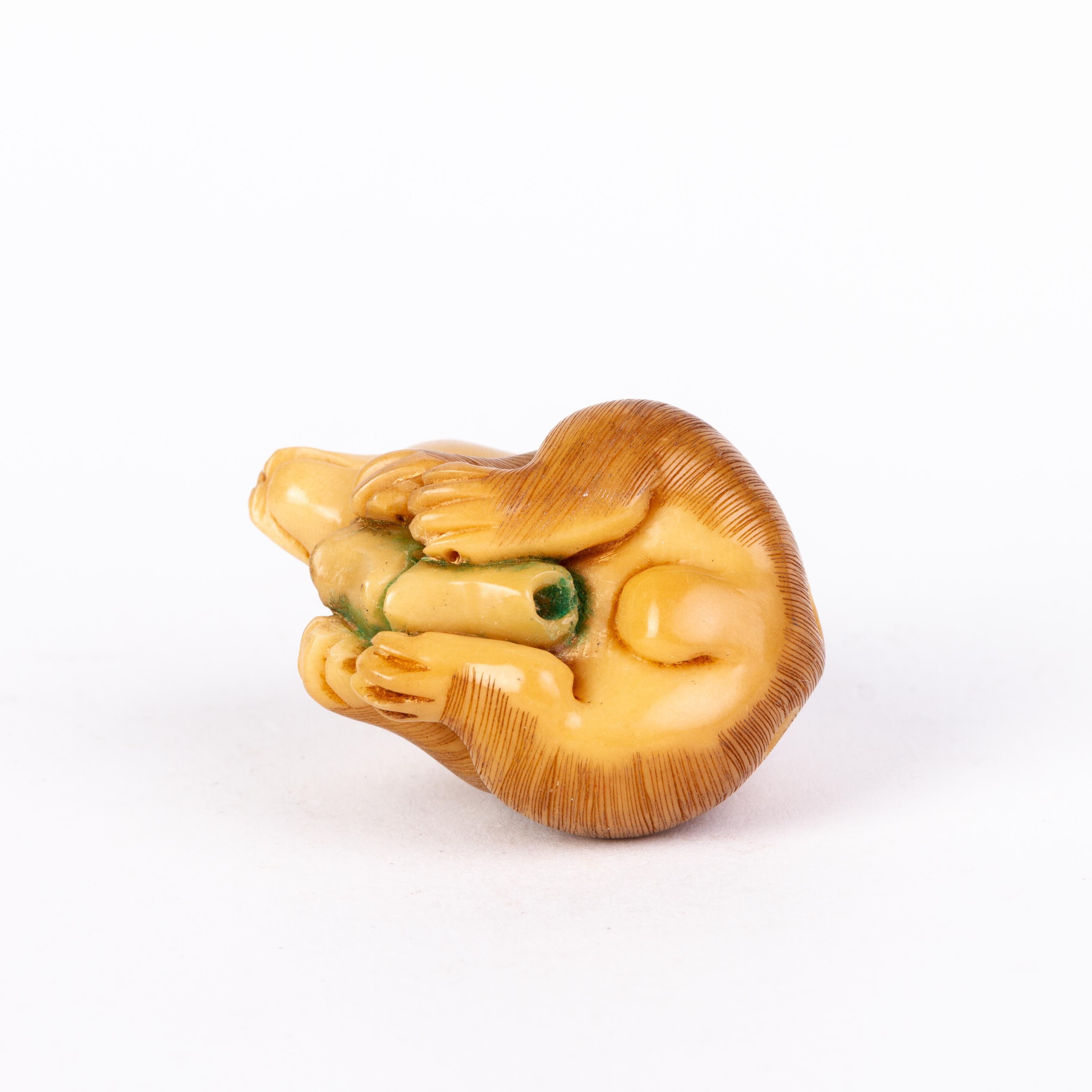 Chestnut Signed Japanese Carved Tagua Nut Bear Netsuke Inro Ojime For Sale