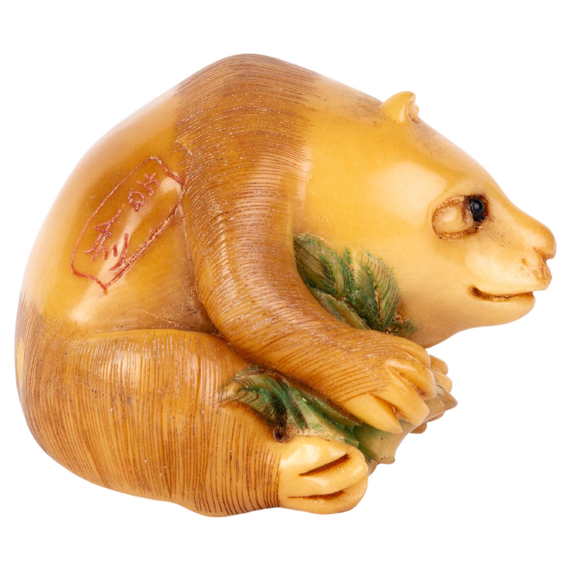 Signed Japanese Carved Tagua Nut Bear Netsuke Inro Ojime For Sale