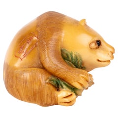 Vintage Signed Japanese Carved Tagua Nut Bear Netsuke Inro Ojime