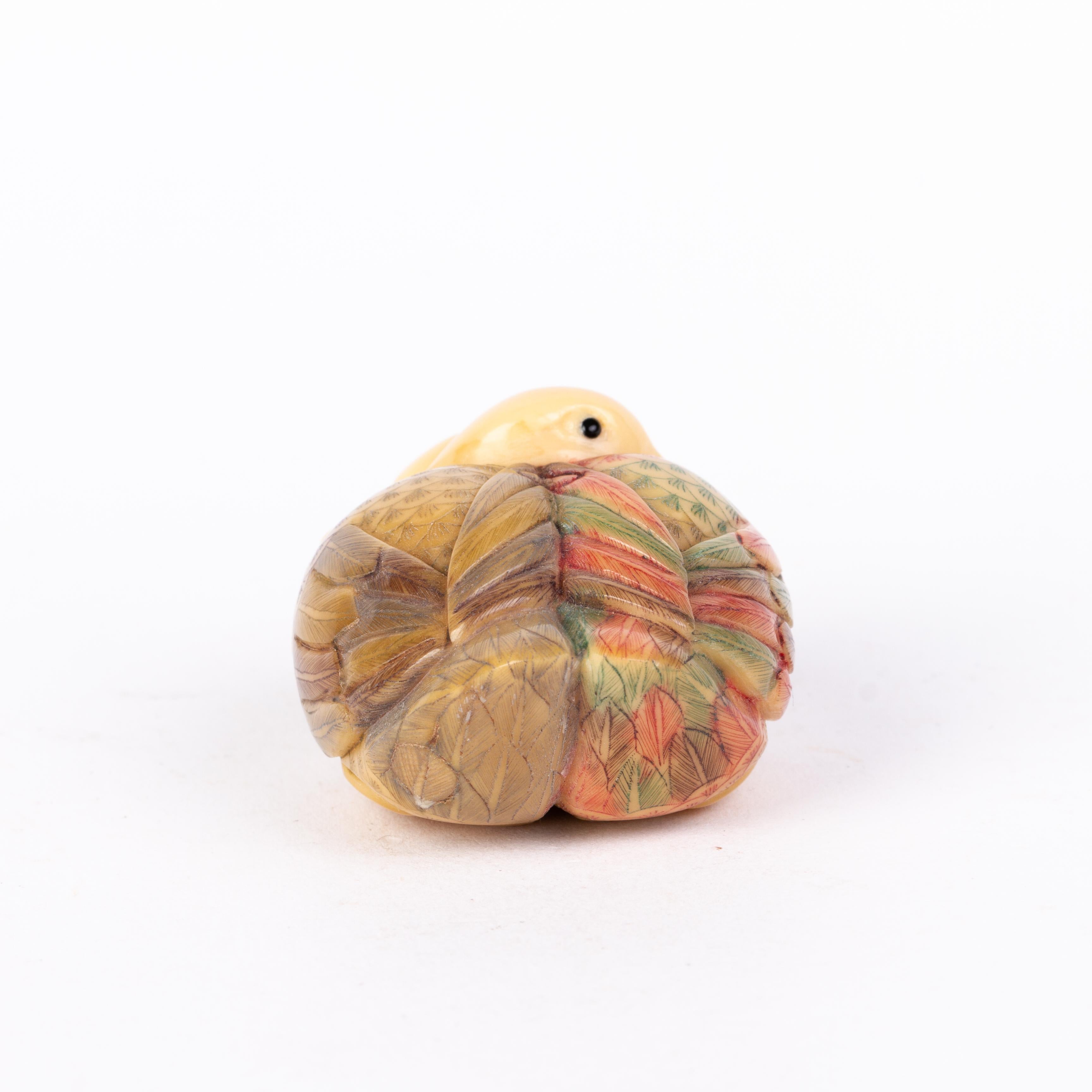 Hand-Carved Signed Japanese Carved Tagua Nut Ducks Netsuke Inro Ojime