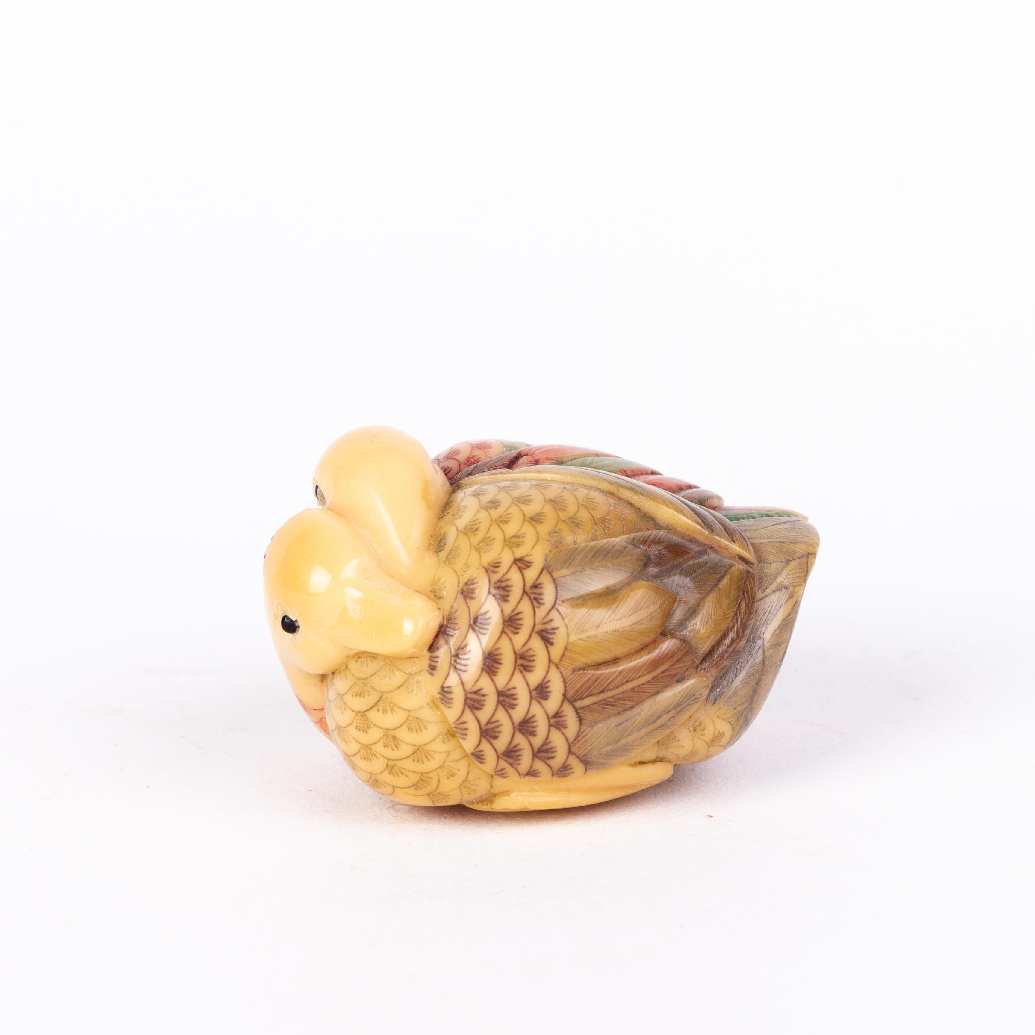 Signed Japanese Carved Tagua Nut Ducks Netsuke Inro Ojime In Good Condition In Nottingham, GB