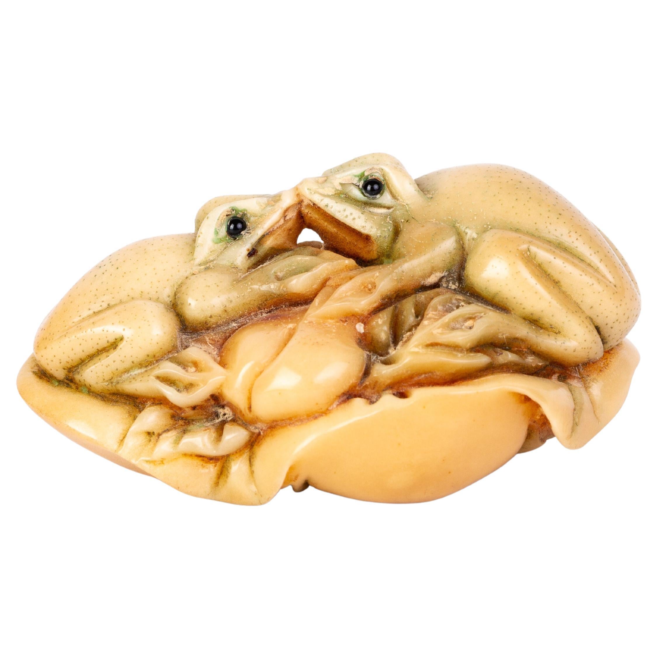 Signed Japanese Carved Tagua Nut Frogs Netsuke Inro Ojime