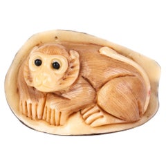 Signed Japanese Carved Tagua Nut Monkey Netsuke Inro Ojime