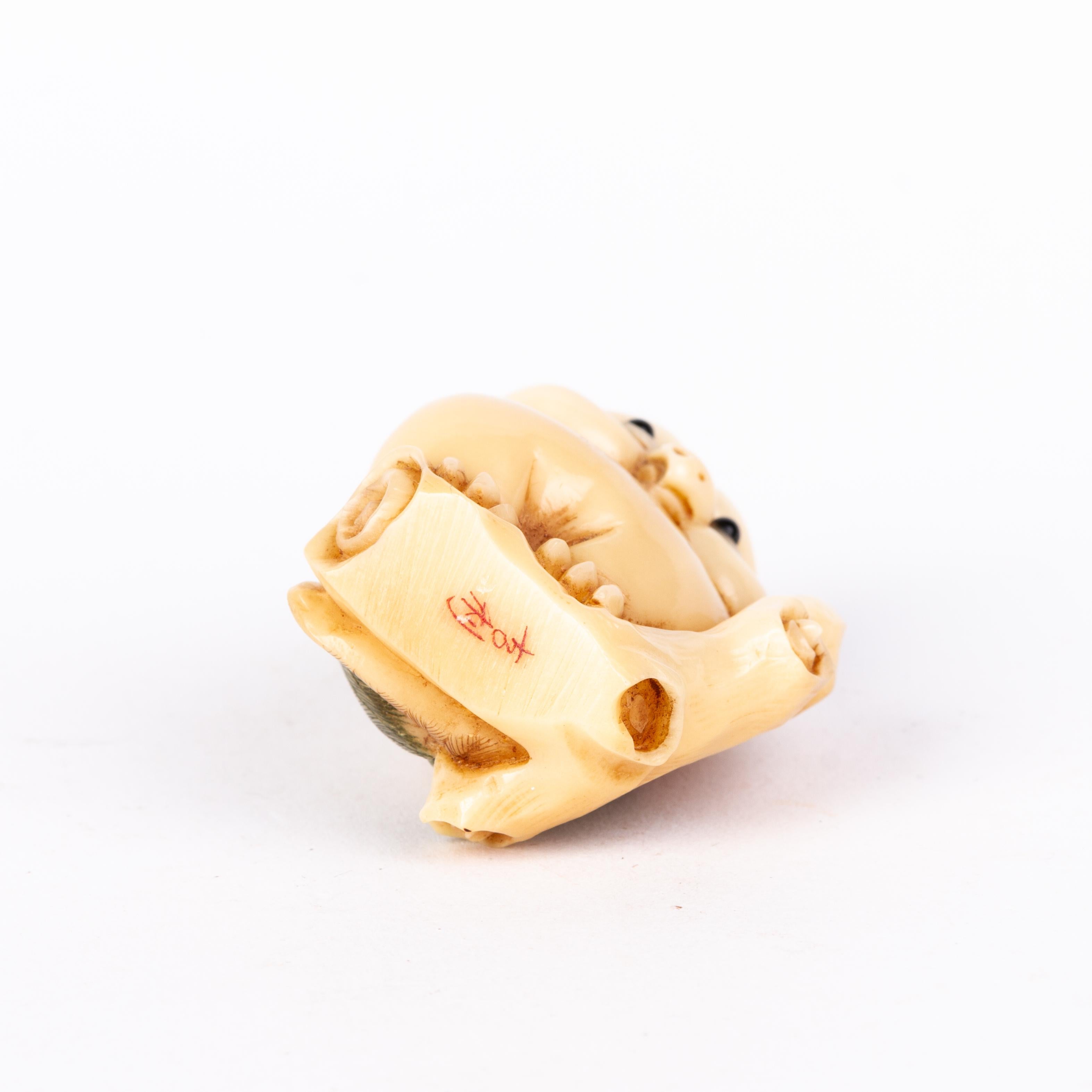 Hand-Carved Signed Japanese Carved Tagua Nut Owl Netsuke Inro Ojime For Sale
