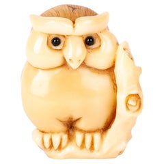 Signed Japanese Carved Tagua Nut Owl Netsuke Inro Ojime