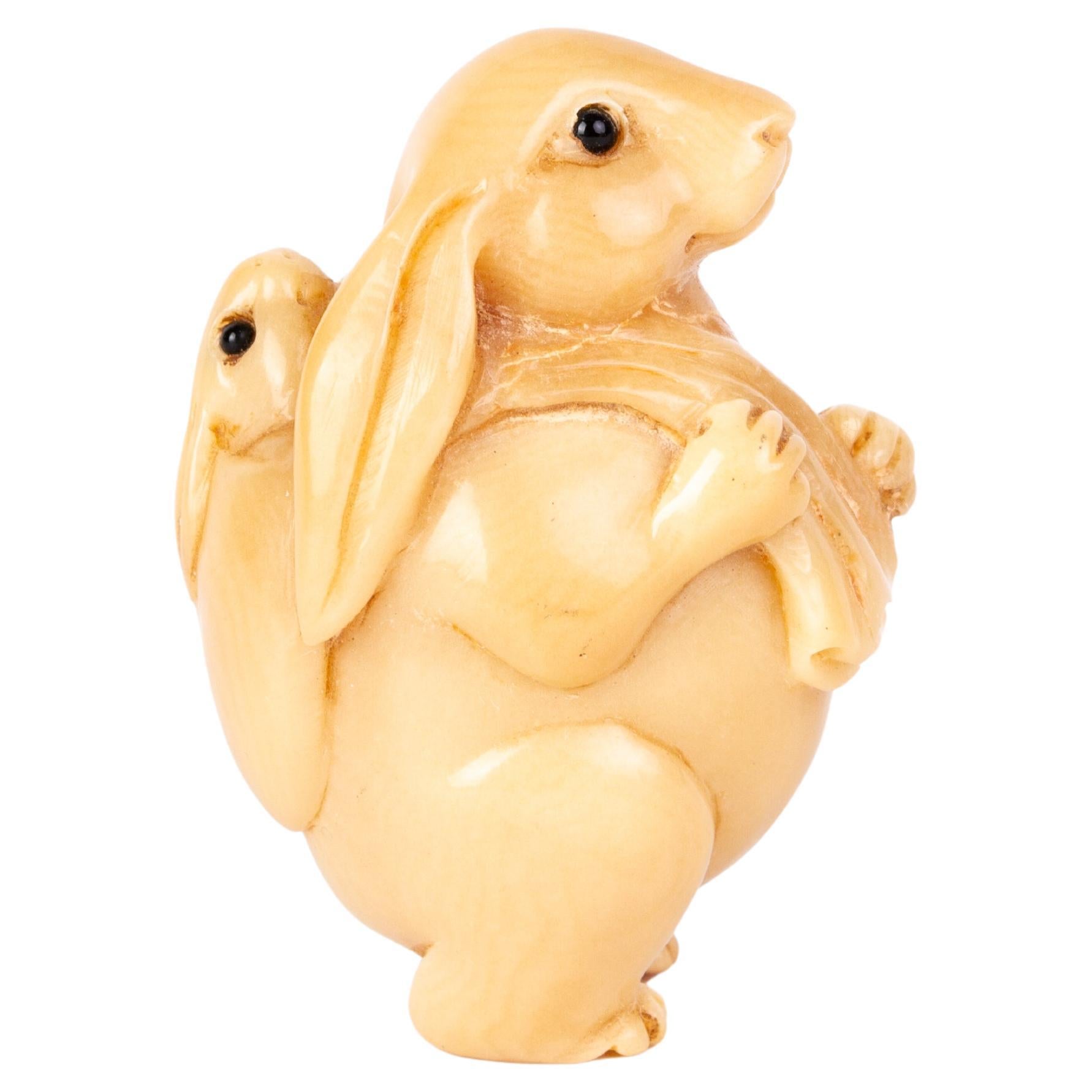 Signed Japanese Carved Tagua Nut Rabbits Netsuke Inro Ojime For Sale