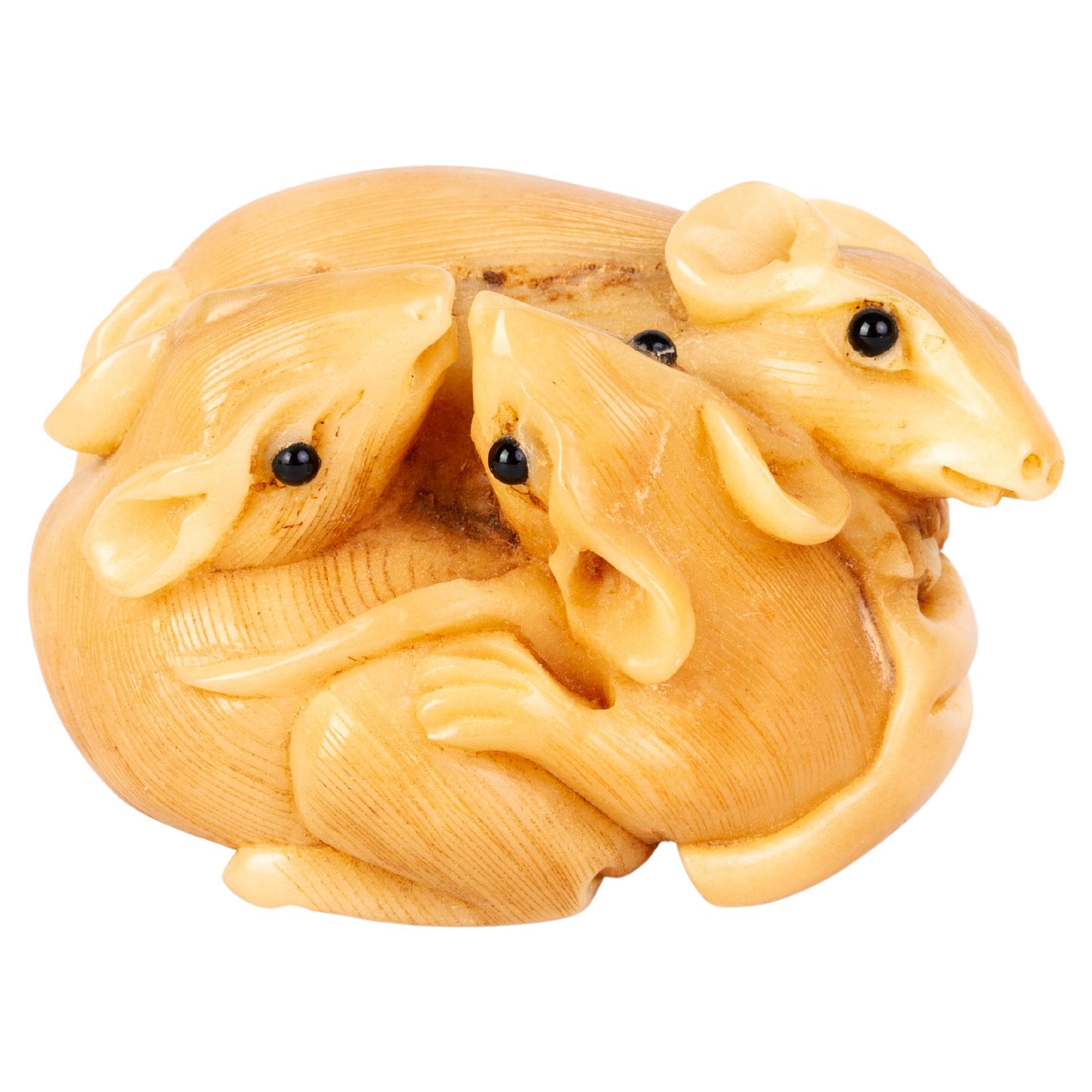 Signed Japanese Carved Tagua Nut Rats Netsuke Inro Ojime For Sale