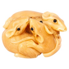Signed Japanese Carved Tagua Nut Rats Netsuke Inro Ojime