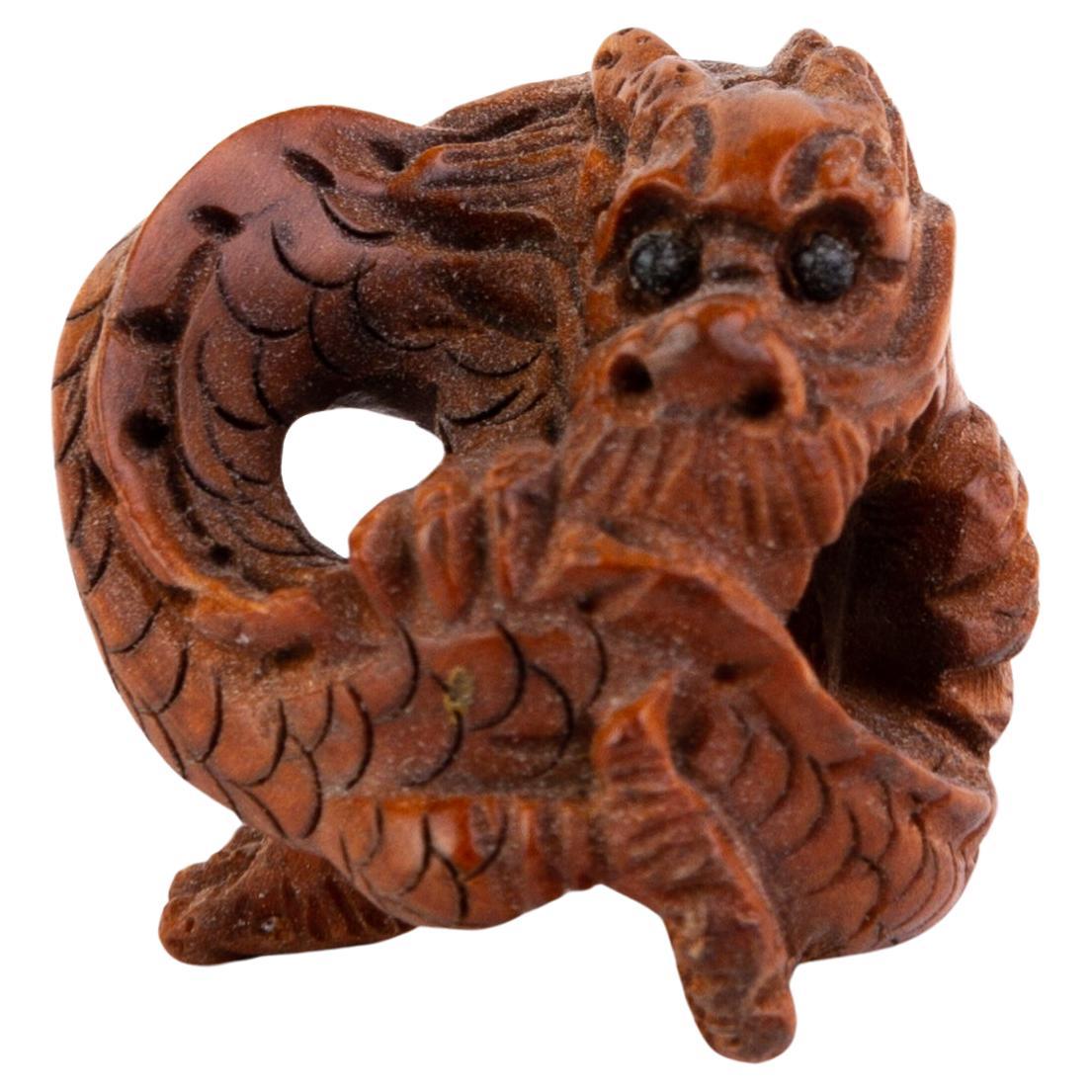 Signed Japanese Carved Wood Netsuke Inro Dragon