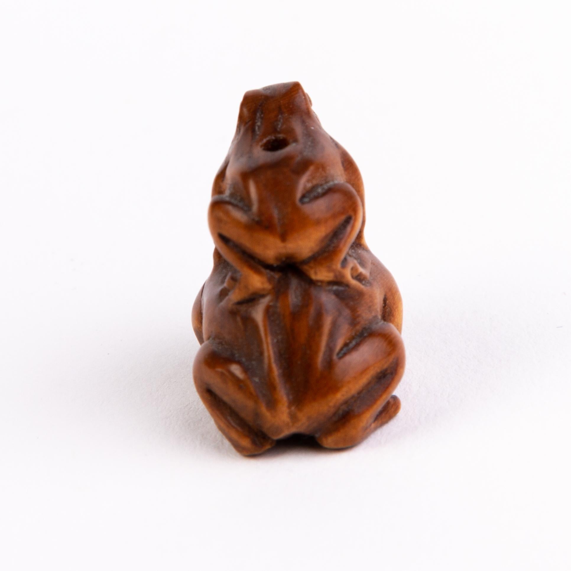 Signed Japanese Carved Wood Netsuke Inro Frogs In Good Condition In Nottingham, GB