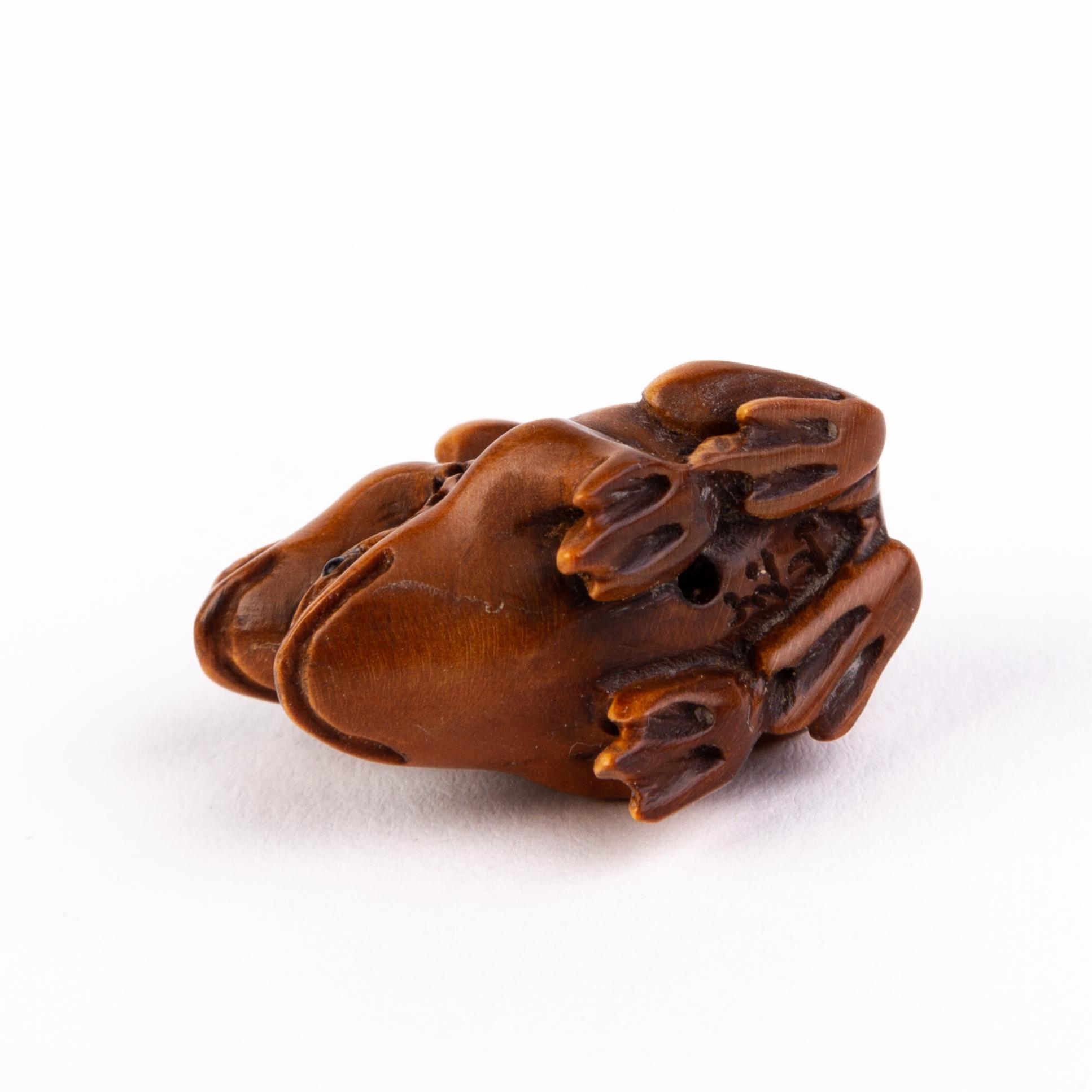 Boxwood Signed Japanese Carved Wood Netsuke Inro Frogs