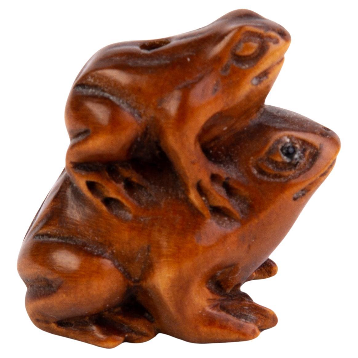 Signed Japanese Carved Wood Netsuke Inro Frogs