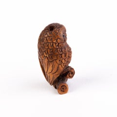 Signed Japanese Carved Wood Netsuke Inro Owl