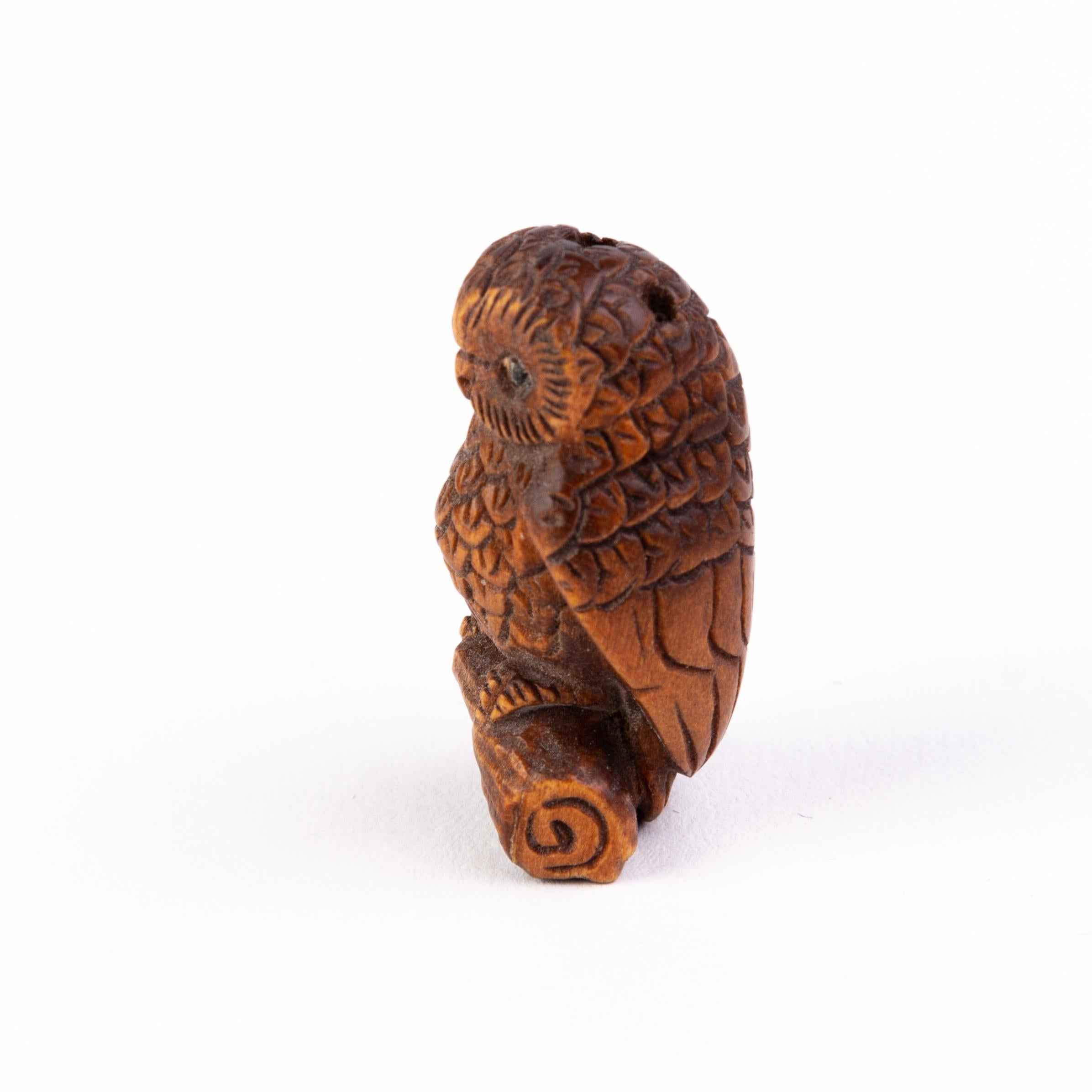 20th Century Signed Japanese Carved Wood Netsuke Inro Owl For Sale