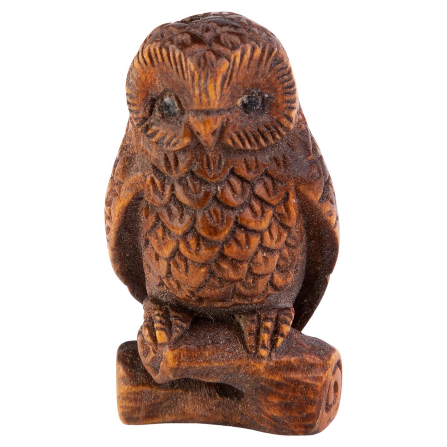 Signed Japanese Carved Wood Netsuke Inro Owl For Sale