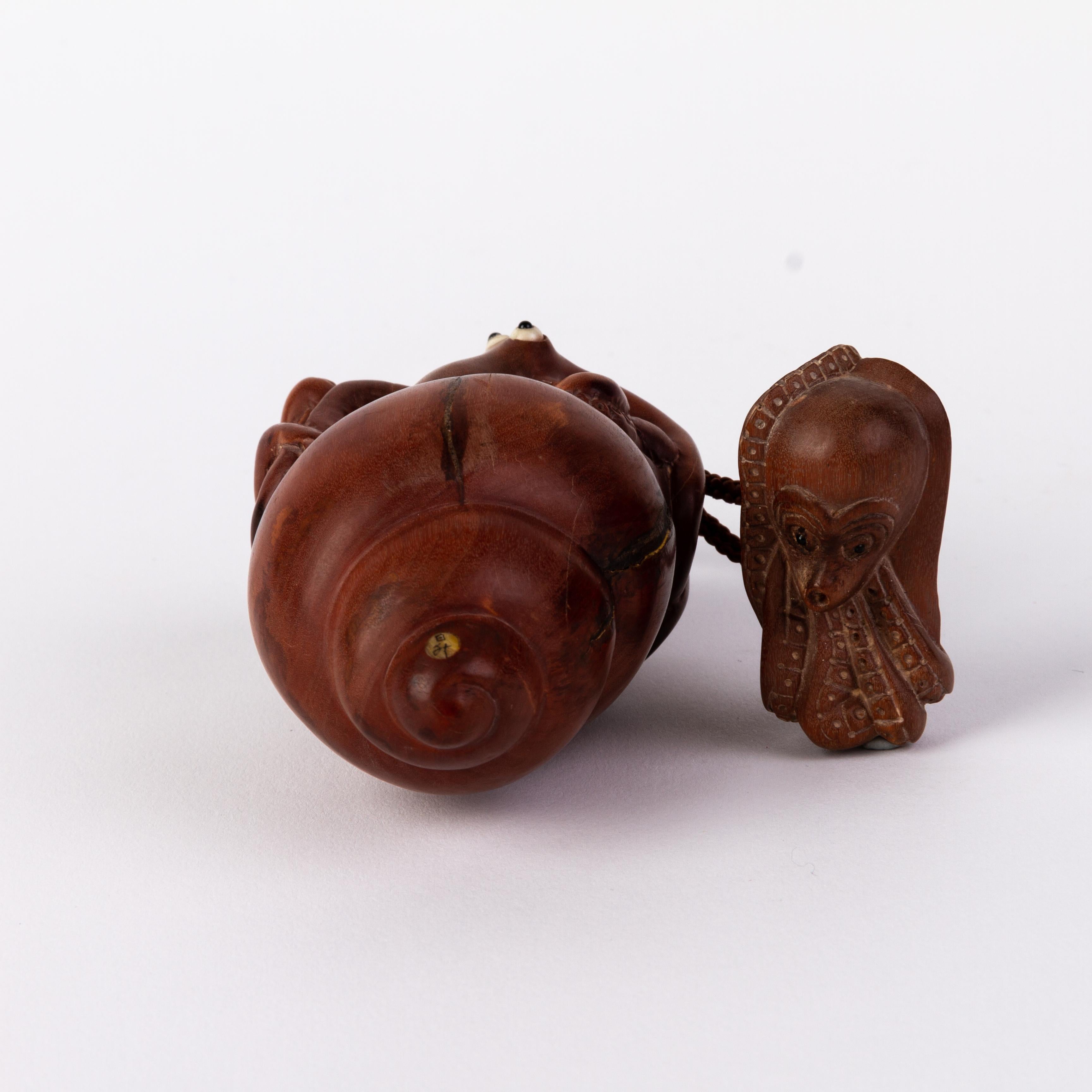 Hand-Carved Signed Japanese Carved Wood Octopus Inro Ojime Netsuke For Sale