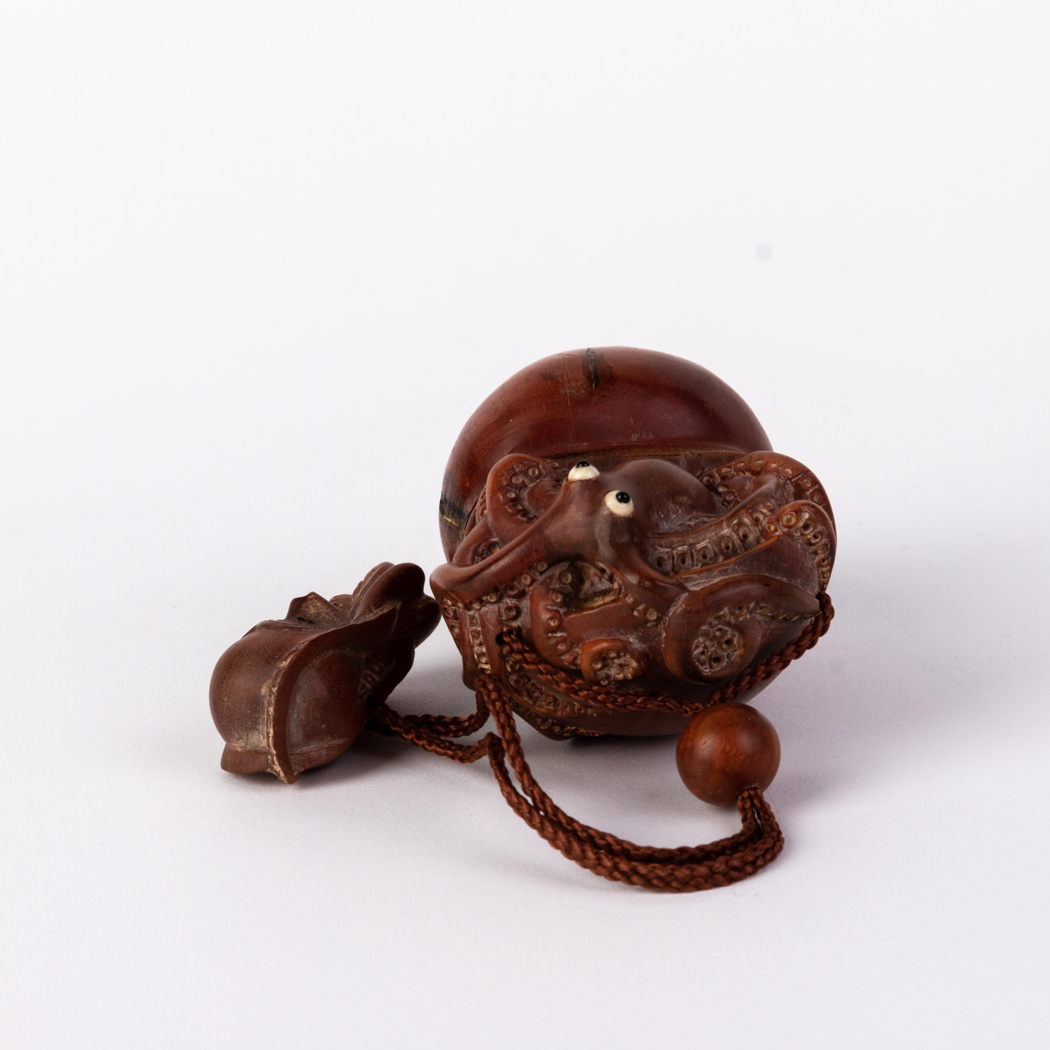 Boxwood Signed Japanese Carved Wood Octopus Inro Ojime Netsuke For Sale