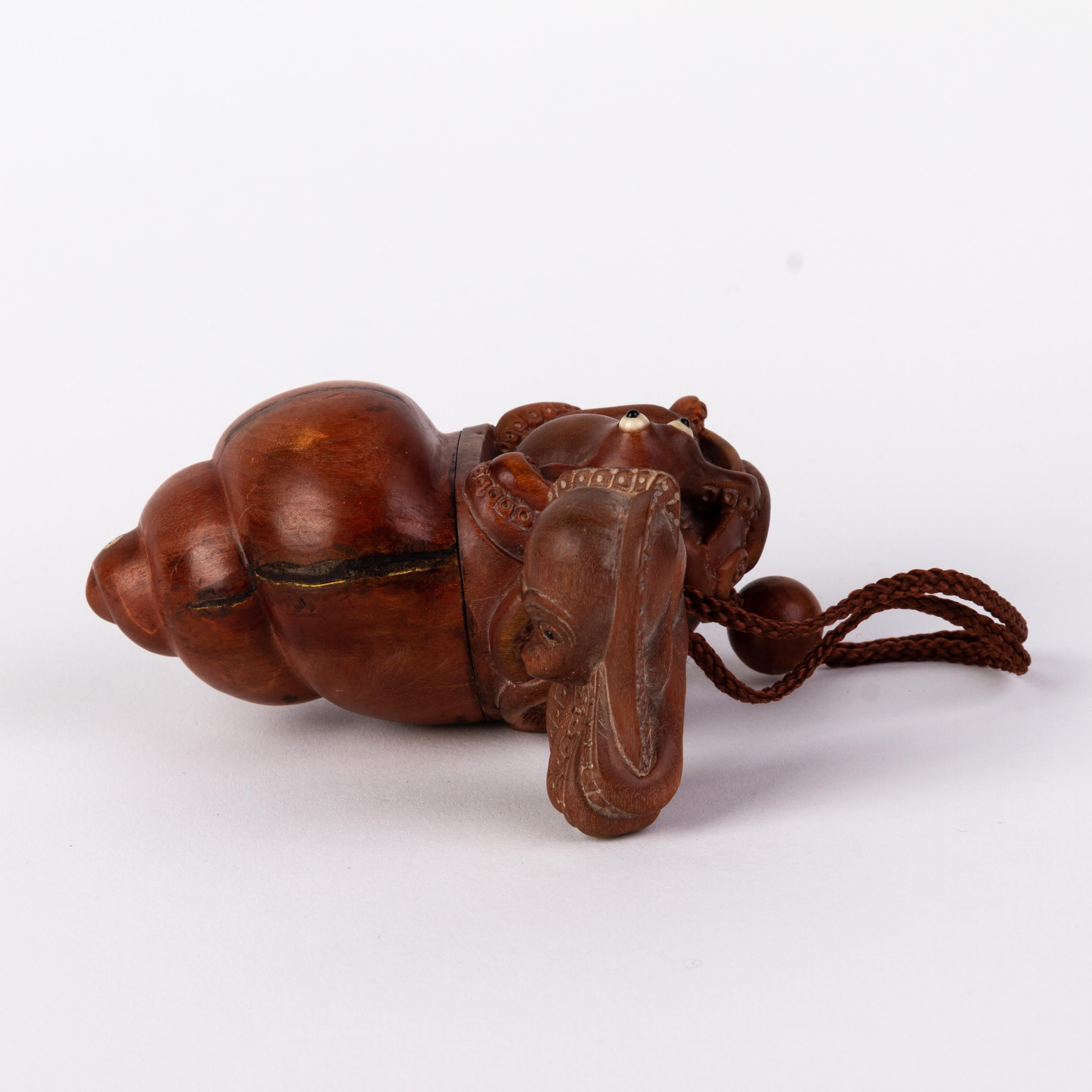 Signed Japanese Carved Wood Octopus Inro Ojime Netsuke For Sale 2