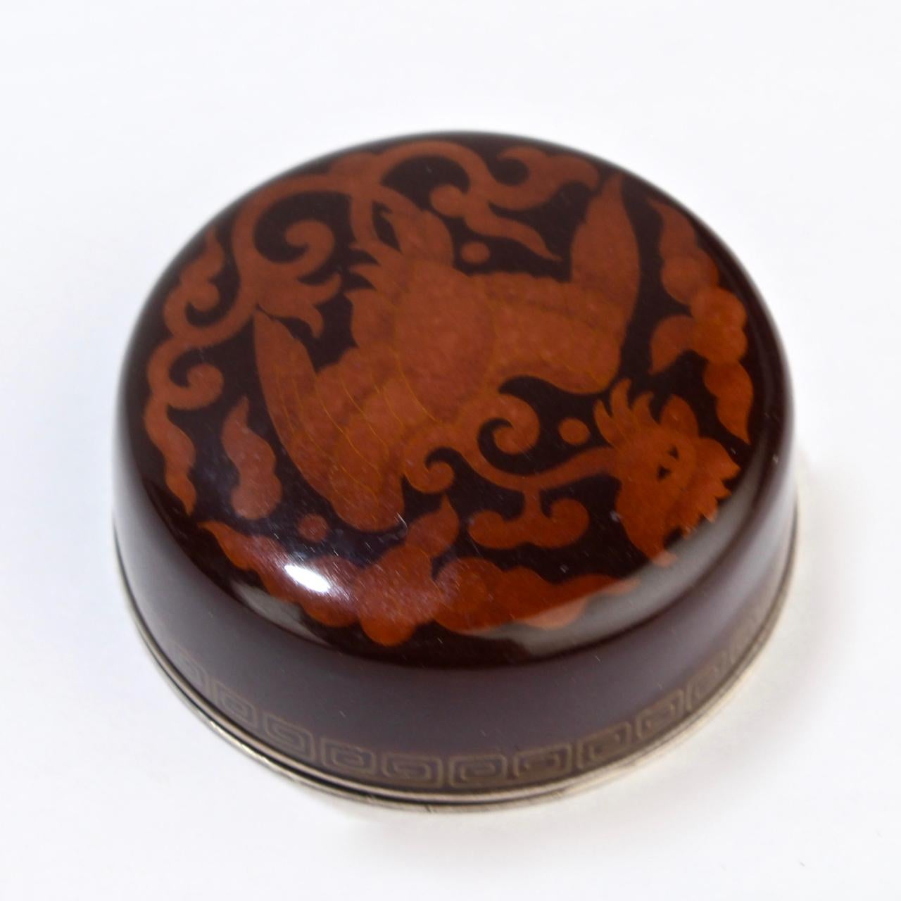 Showa Signed Japanese Cloisonné Enamel Small Round Box with a Phoenix by Inaba