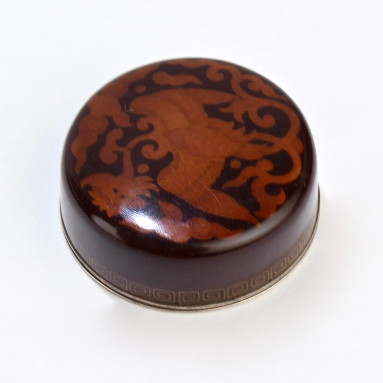 Signed Japanese Cloisonné Enamel Small Round Box with a Phoenix by Inaba In Good Condition In Philadelphia, PA
