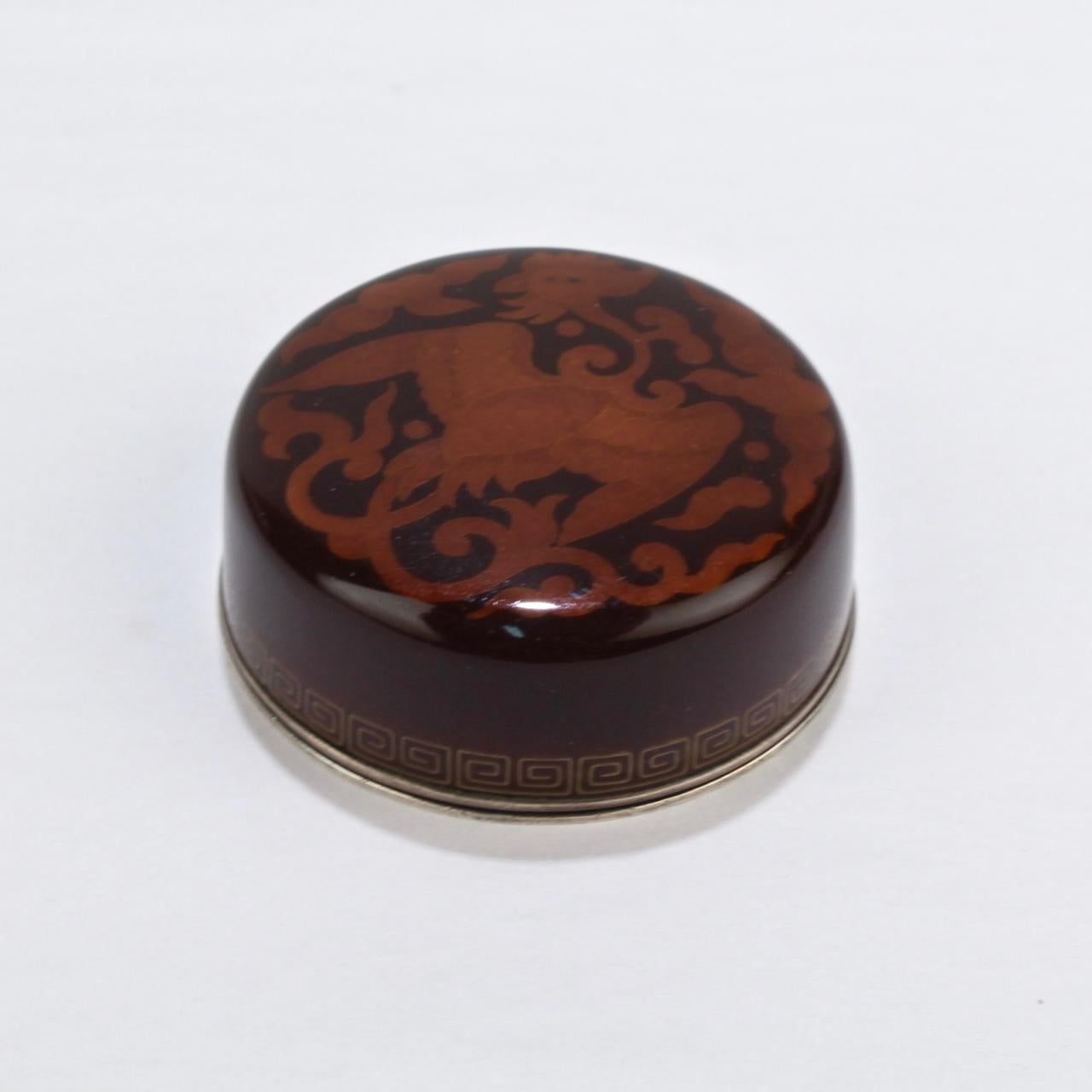 20th Century Signed Japanese Cloisonné Enamel Small Round Box with a Phoenix by Inaba