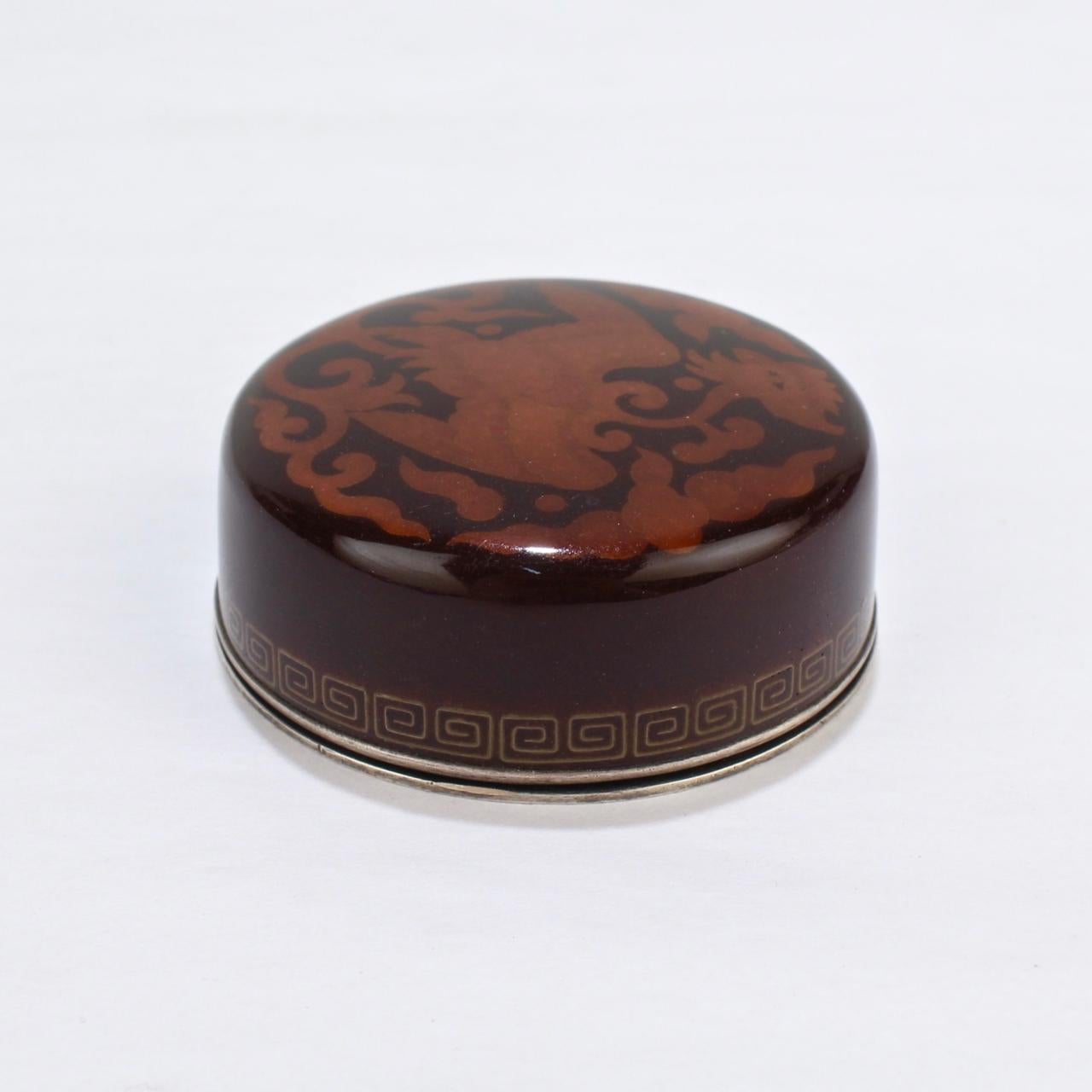 Signed Japanese Cloisonné Enamel Small Round Box with a Phoenix by Inaba 1