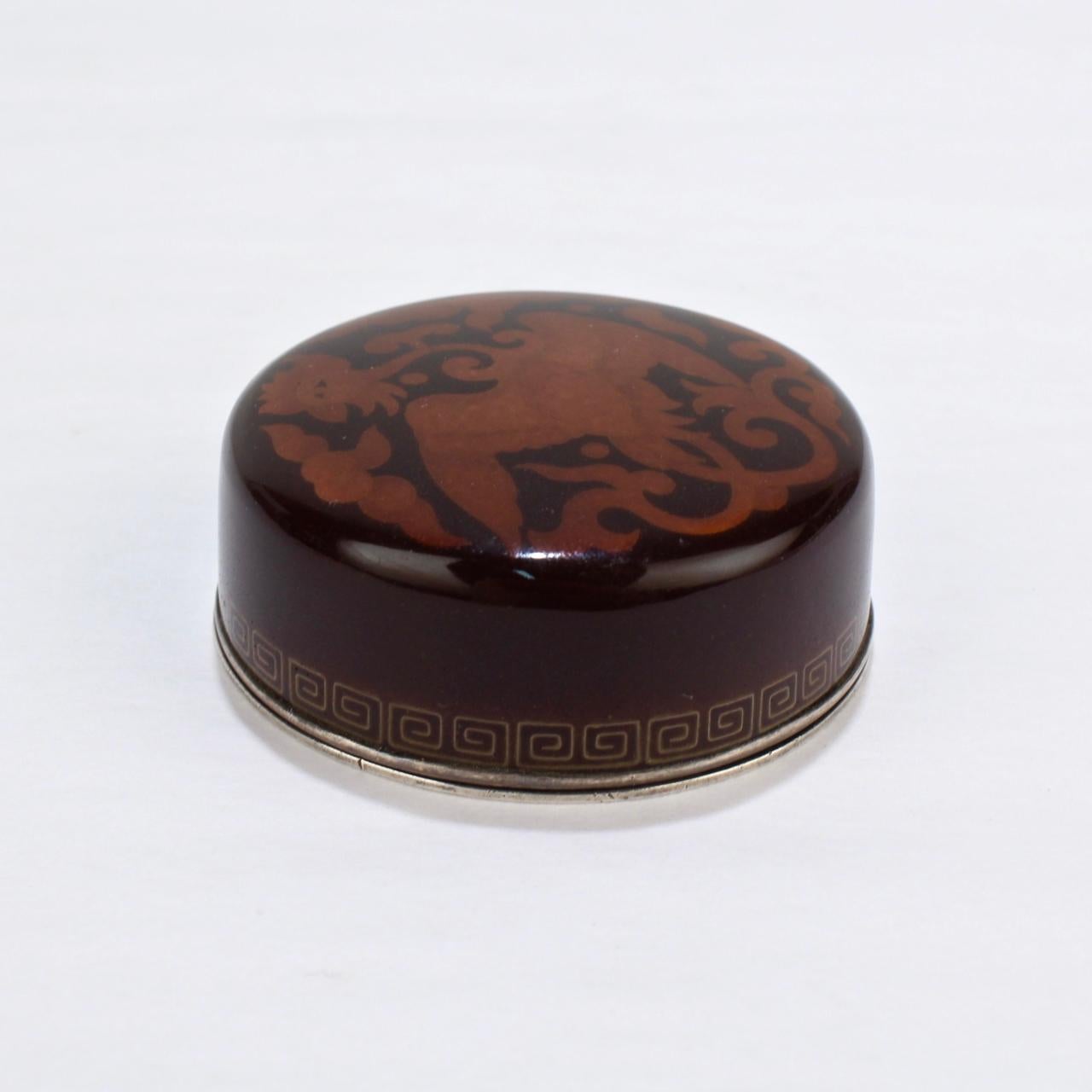 Signed Japanese Cloisonné Enamel Small Round Box with a Phoenix by Inaba 3