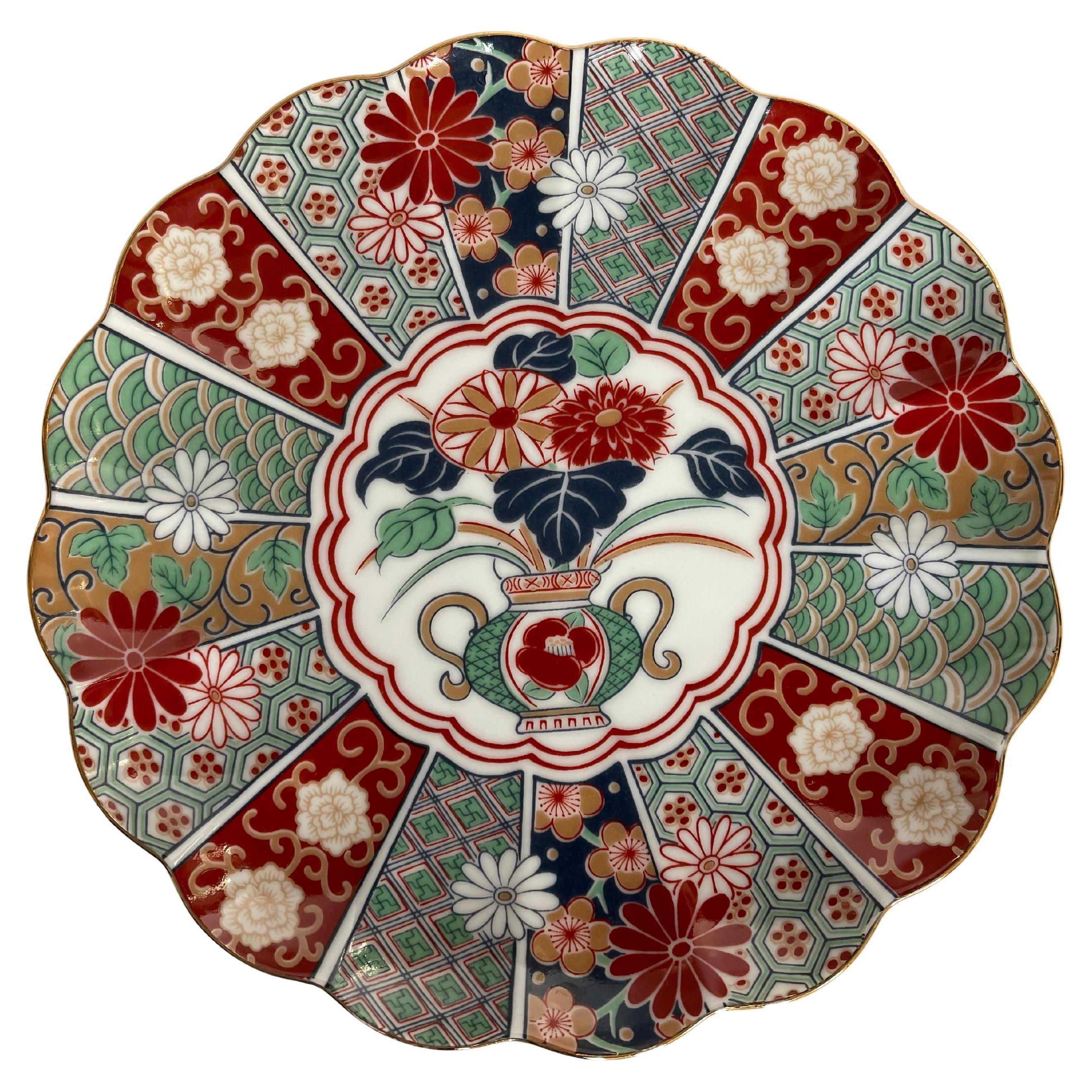 Signed Japanese Imari Scalloped Plate with Floral Design For Sale