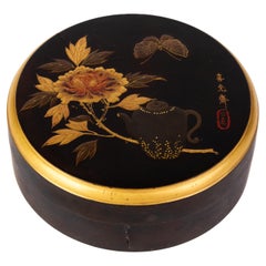 Antique Signed Japanese Lacquered Circular Box Meiji