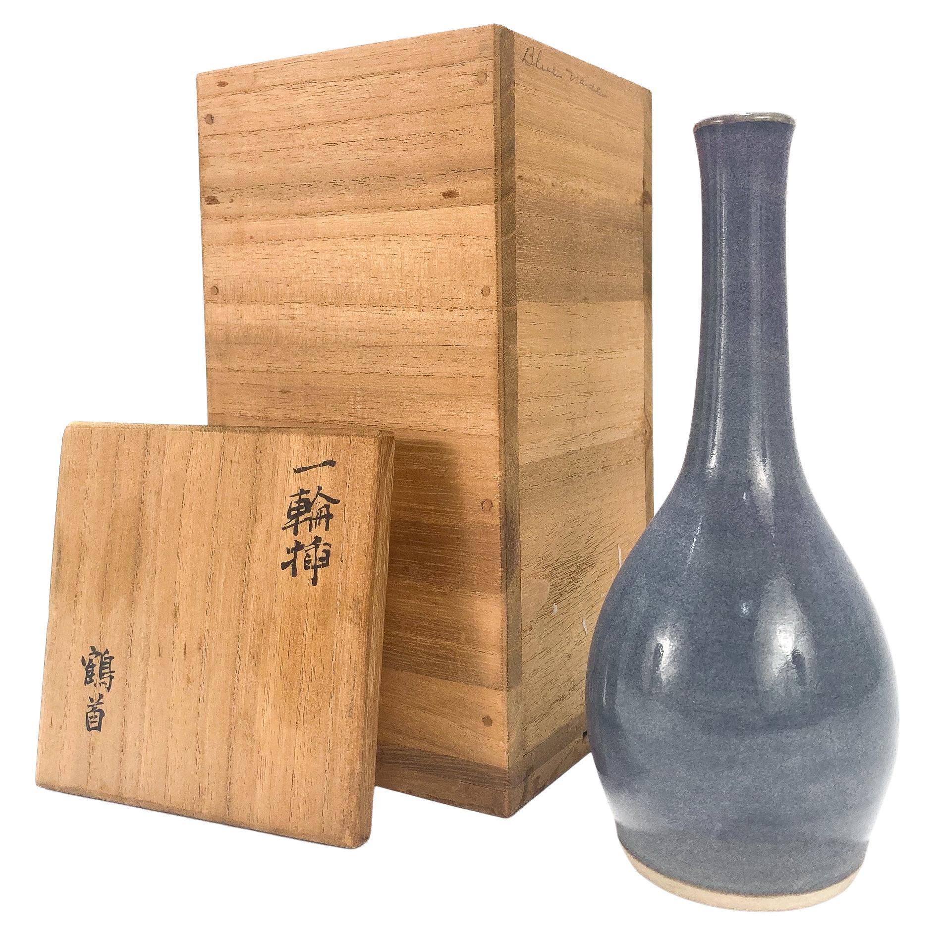 Signed Japanese Porcelain Periwinkle Blue Glaze Mallet Vase For Sale