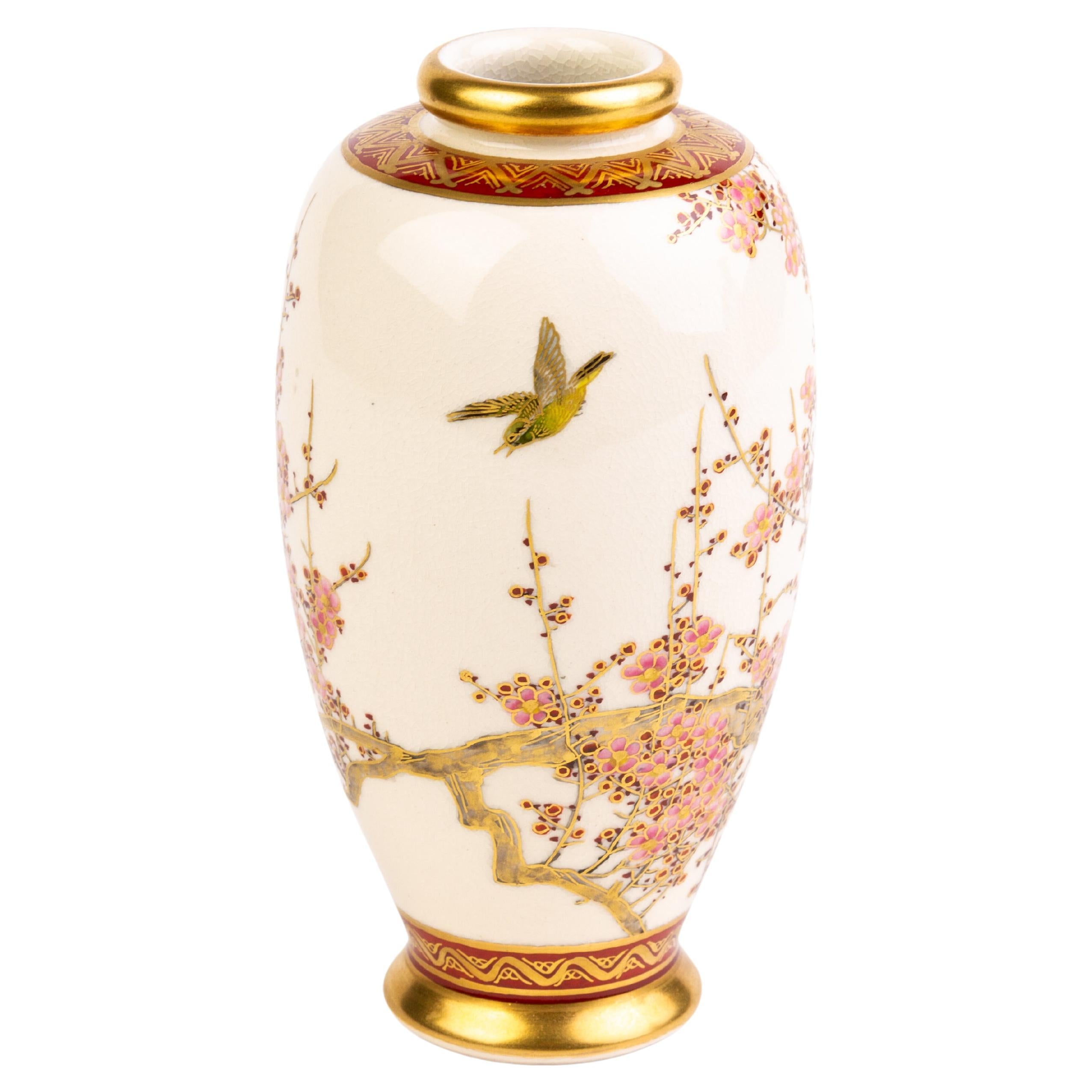 Signed Japanese Satsuma Pottery Blossoms Vase Meiji