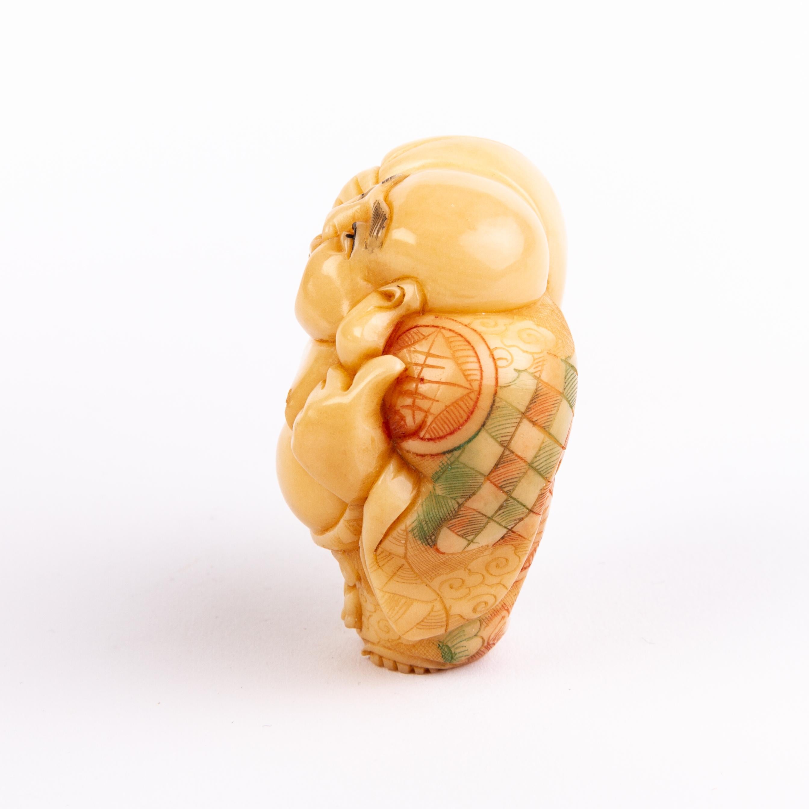 20th Century Signed Japanese Tagua Nut Netsuke Inro of Laughing Buddha