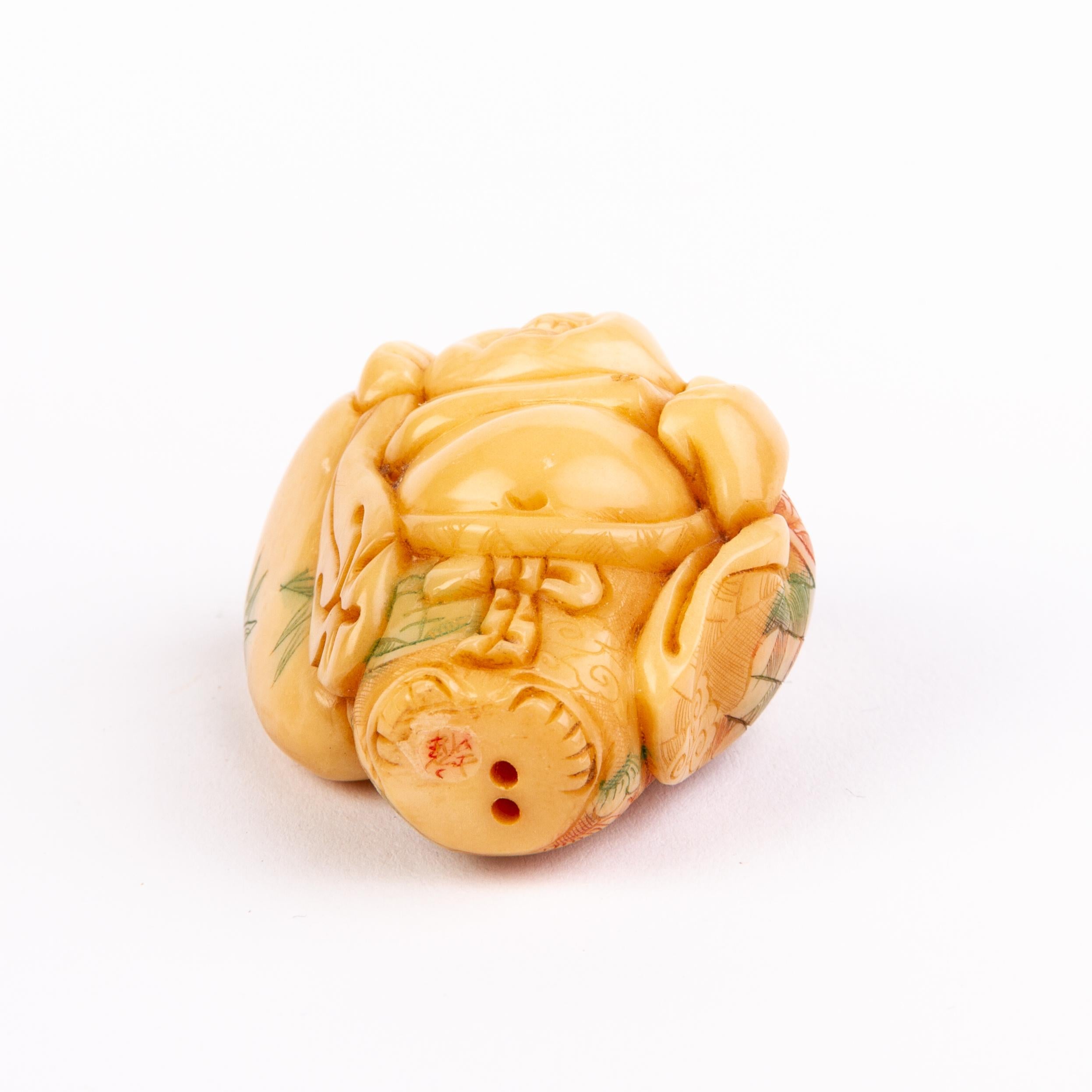 Walnut Signed Japanese Tagua Nut Netsuke Inro of Laughing Buddha