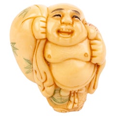 Signed Japanese Tagua Nut Netsuke Inro of Laughing Buddha 