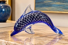Signed Jaroslav Svoboda Czech Bohemian Art Glass Dolphin Sculpture, Cobalt Blue