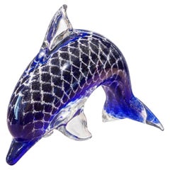 Signed Jaroslav Svoboda Czech Bohemian Art Glass Dolphin Sculpture, Cobalt Blue