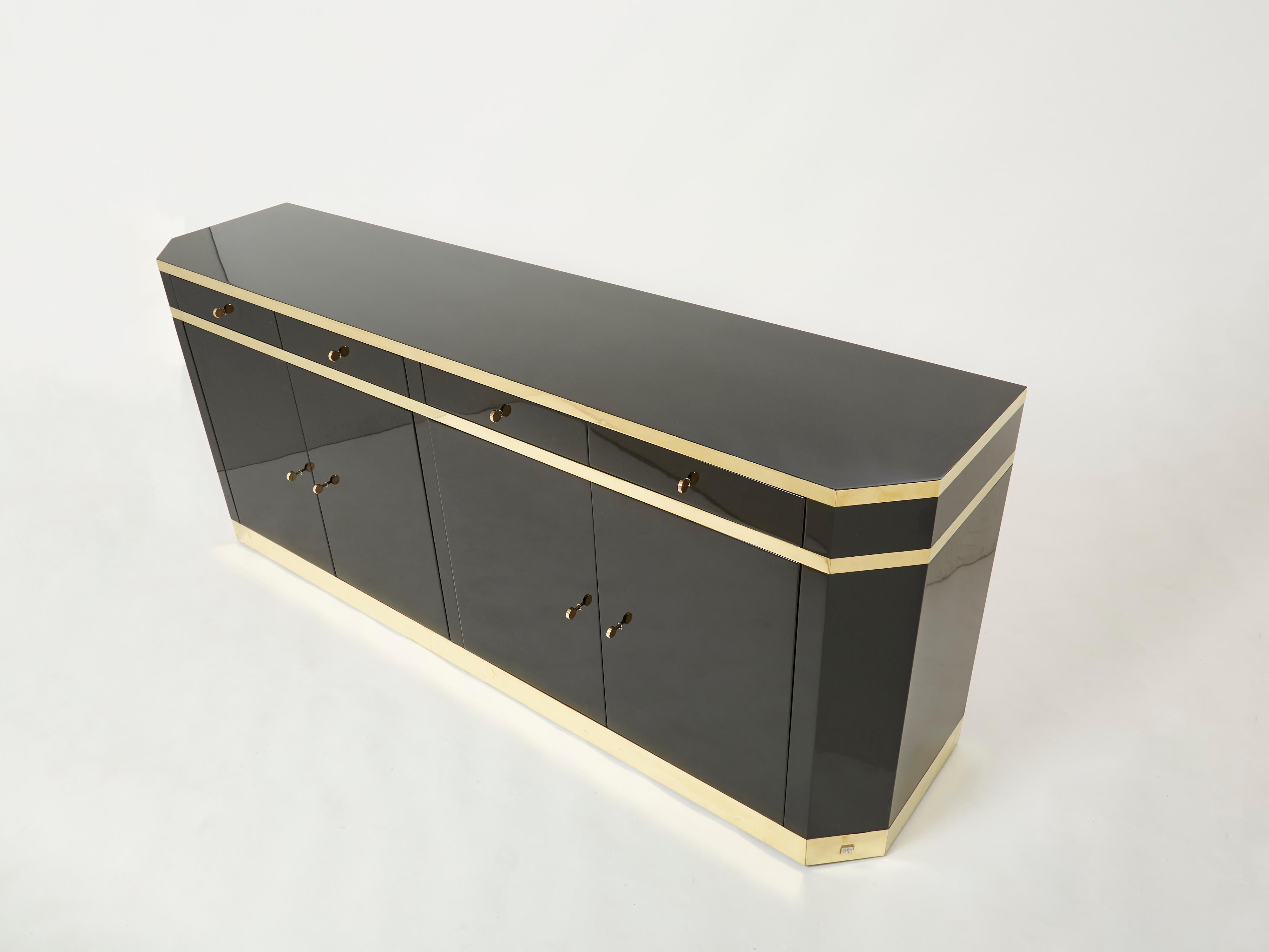 Signed J.C. Mahey Brass Black Lacquered Sideboard 1970s For Sale 5
